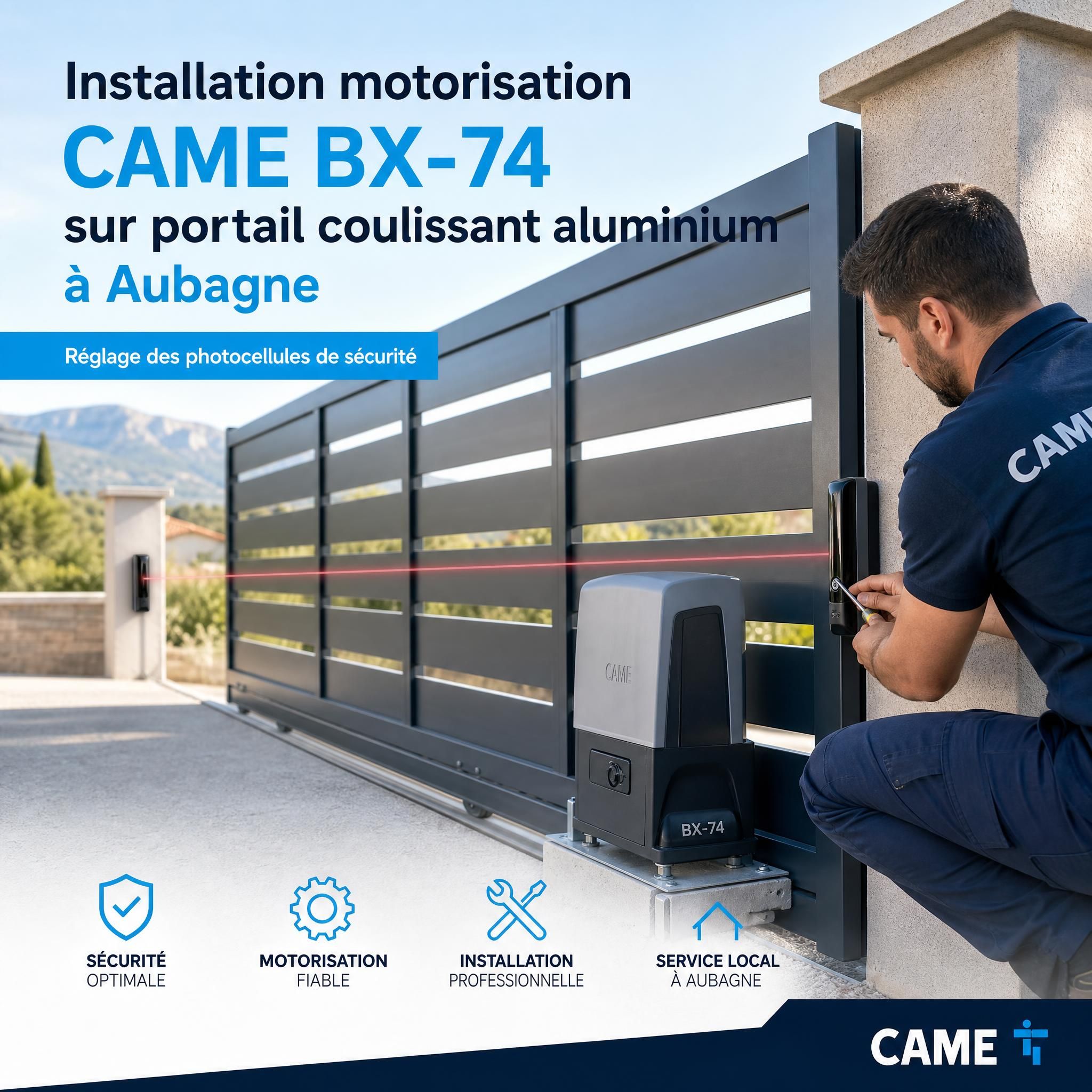 Installation motorisation CAME BX-74 sur portail coulissant aluminium à Aubagne avec réglage des photocellules de sécurité