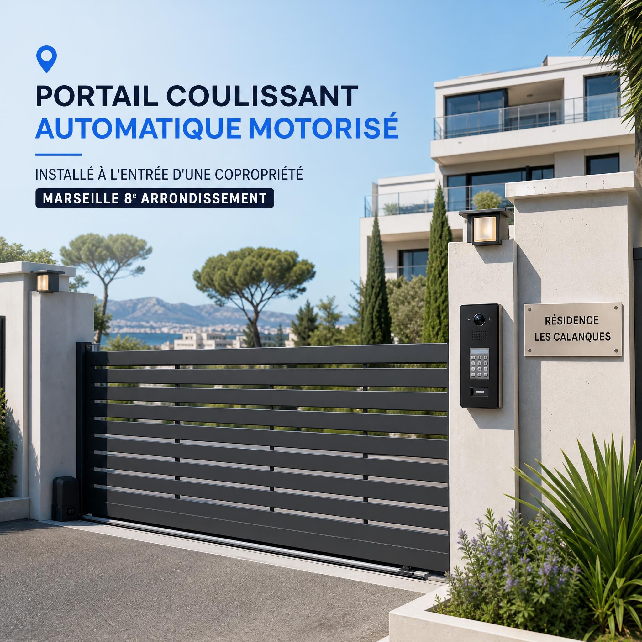 Portail coulissant automatique motorisé installé à l'entrée d'une copropriété à Marseille 8e arrondissement avec interphone