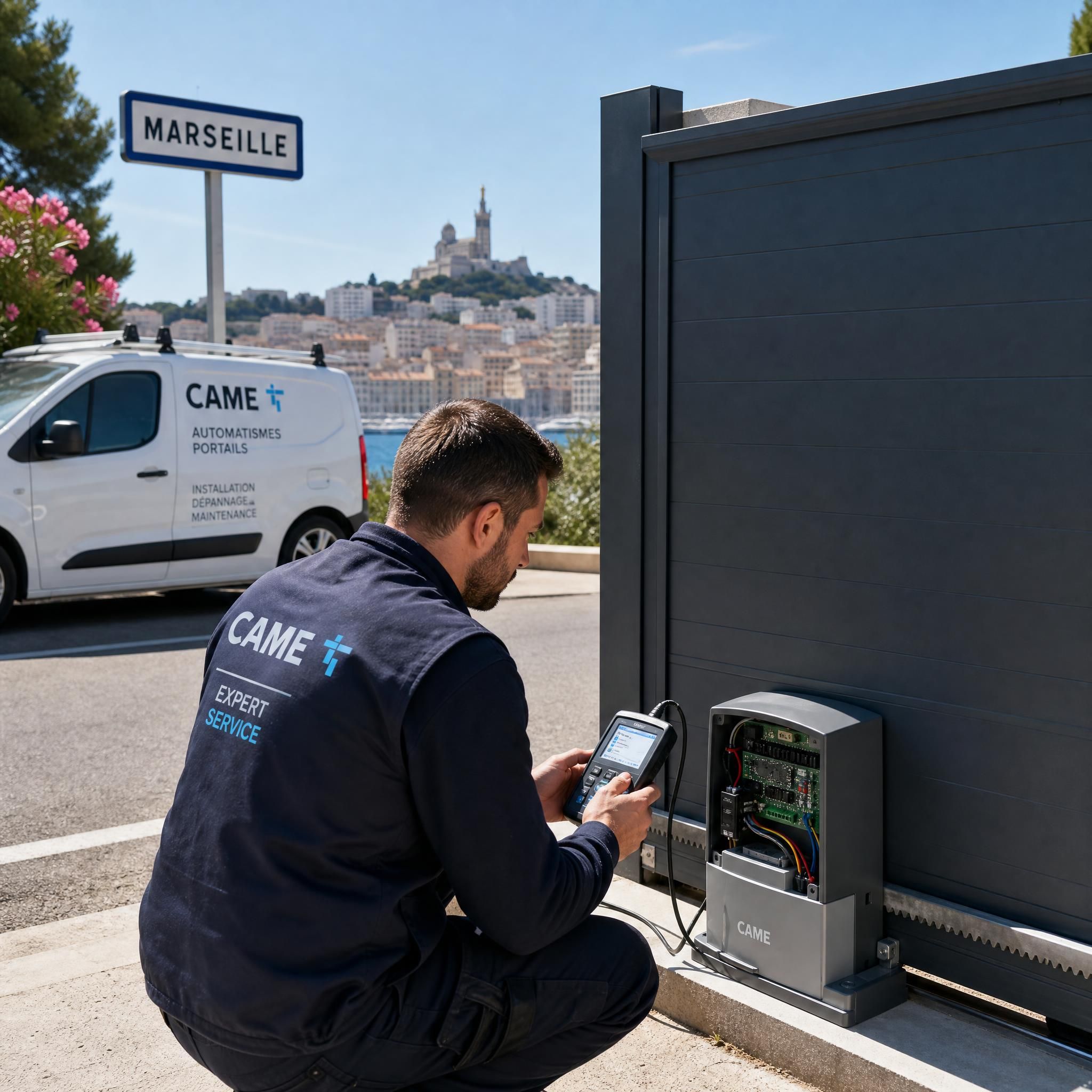 Technicien en train de diagnostiquer une motorisation CAME sur un portail coulissant à Marseille