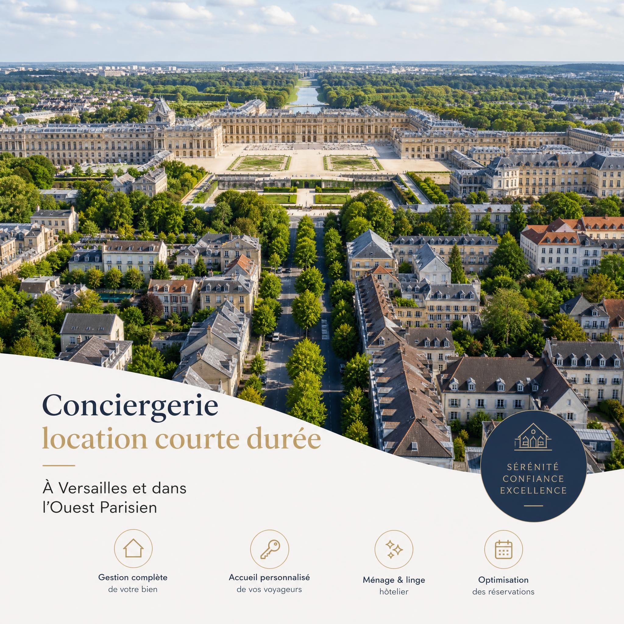 Vue aérienne de Versailles et ses environs, quartiers résidentiels de l'Ouest Parisien avec le Château en arrière-plan, illustration conciergerie location courte durée