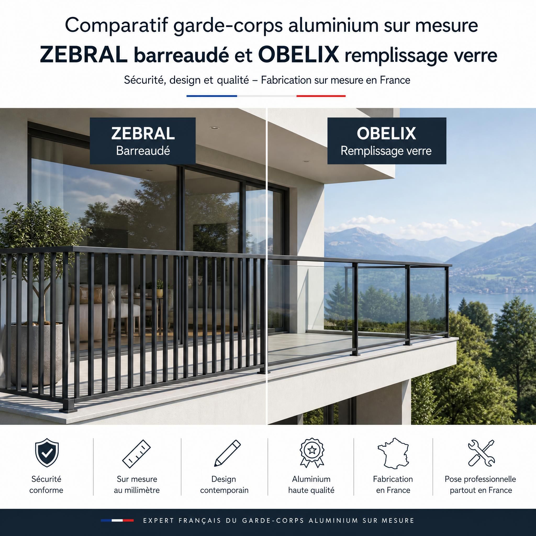 Comparatif garde-corps aluminium sur mesure ZEBRAL barreaudé et OBELIX remplissage verre sur balcon contemporain, pose professionnelle France