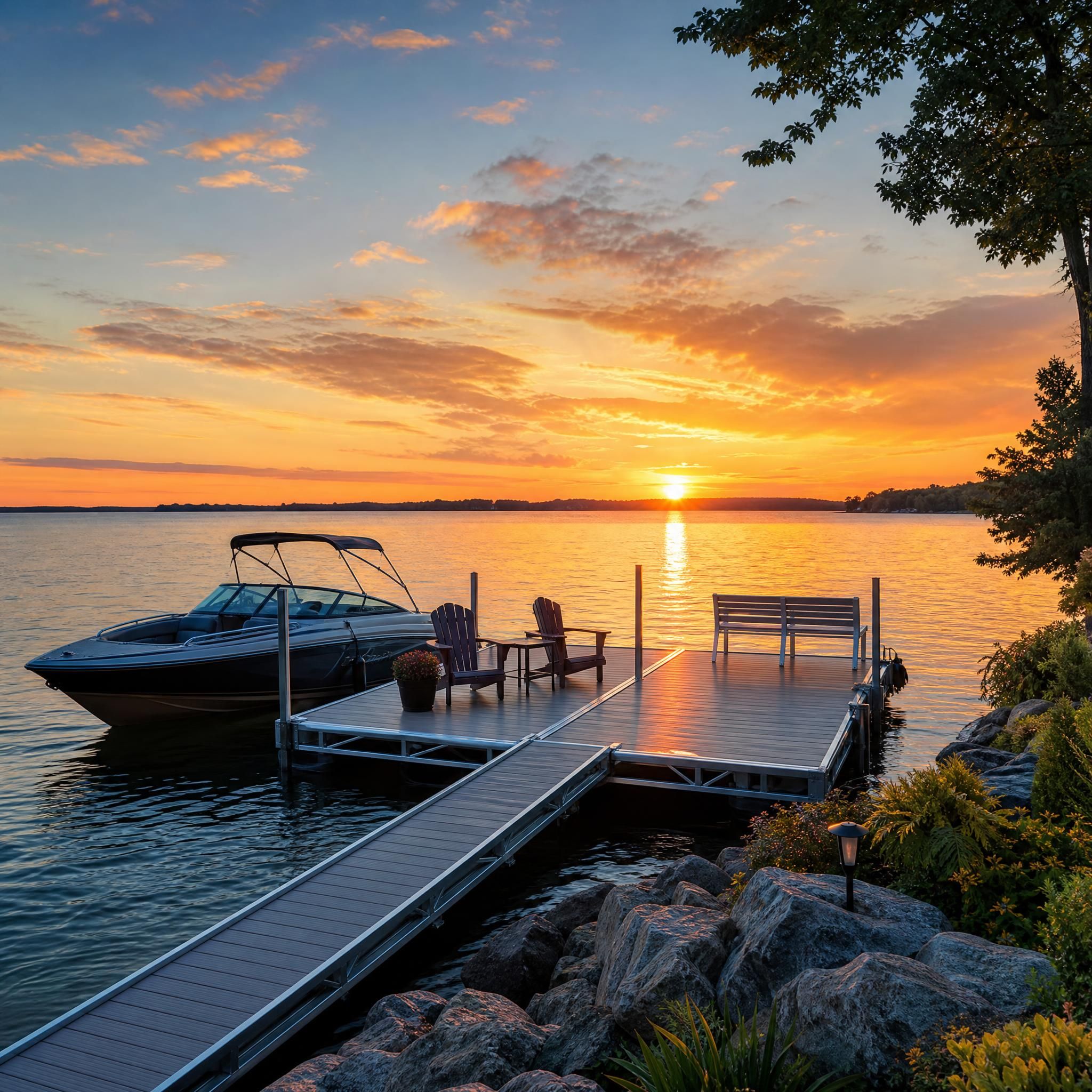 Propriété riveraine avec un magnifique quai en aluminium sur un lac au coucher du soleil, région de Vaudreuil-Montréal, Québec