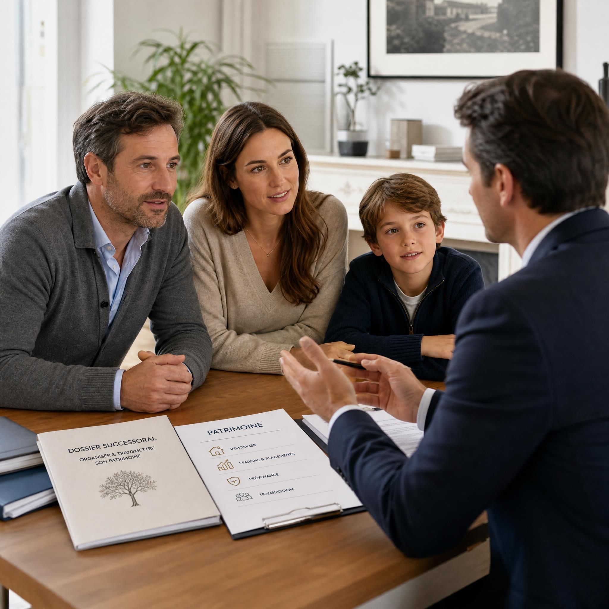 Famille française discutant de leur patrimoine avec un conseiller financier, documents successoraux sur la table