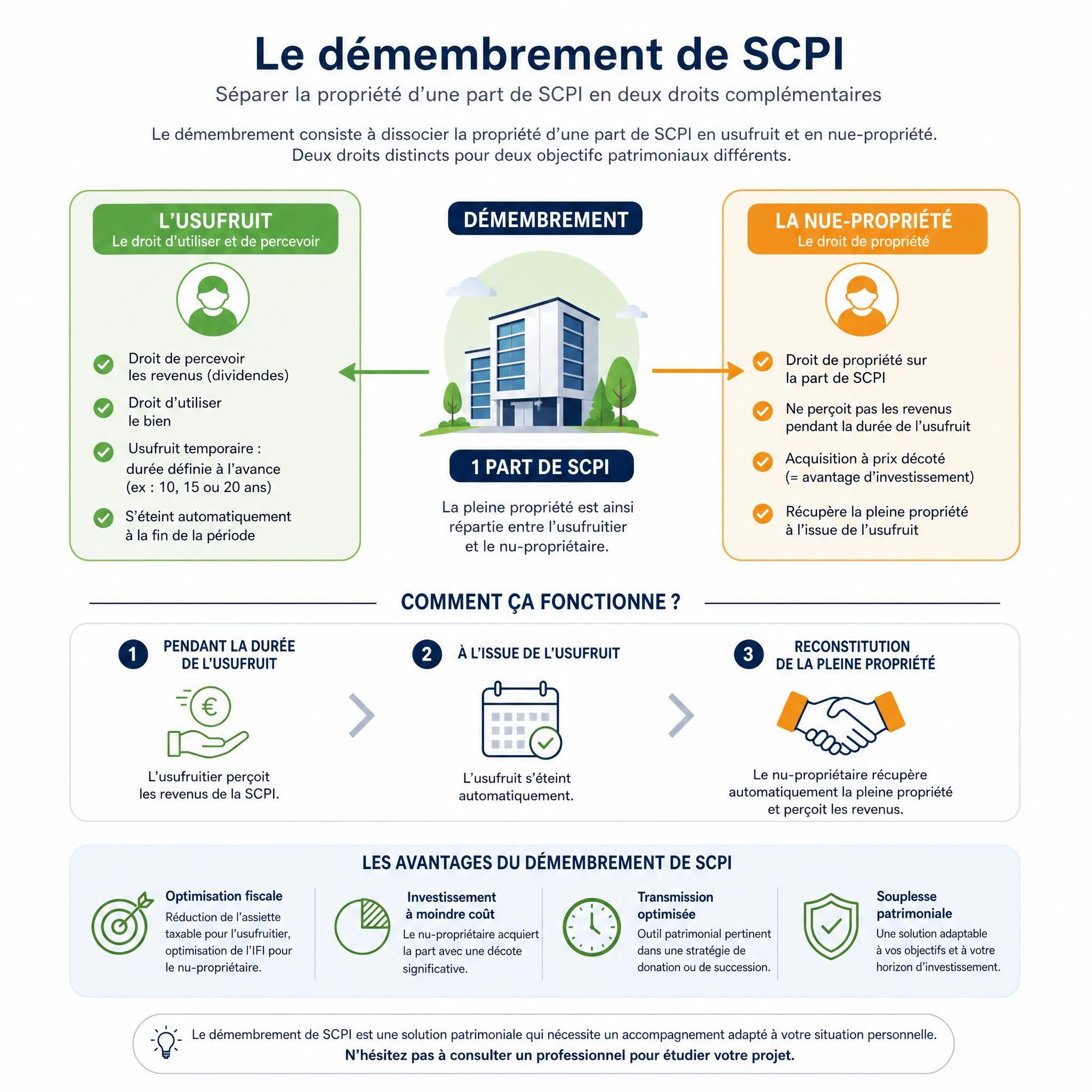 Illustration graphique montrant le mécanisme de démembrement SCPI avec usufruit et nue-propriété, schéma pédagogique coloré