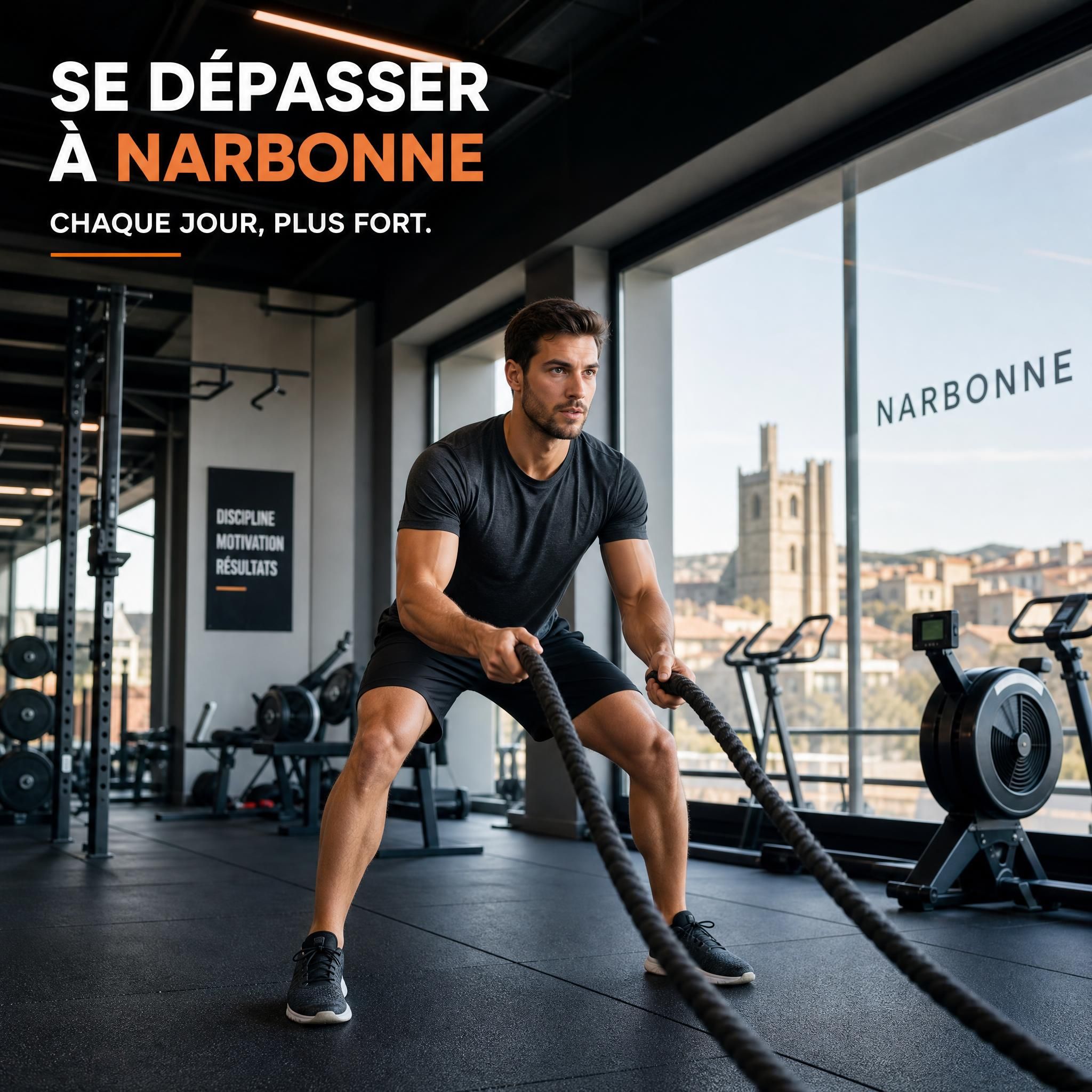 Personne motivée s'entraînant dans une salle de sport moderne à Narbonne, ambiance dynamique et inspirante