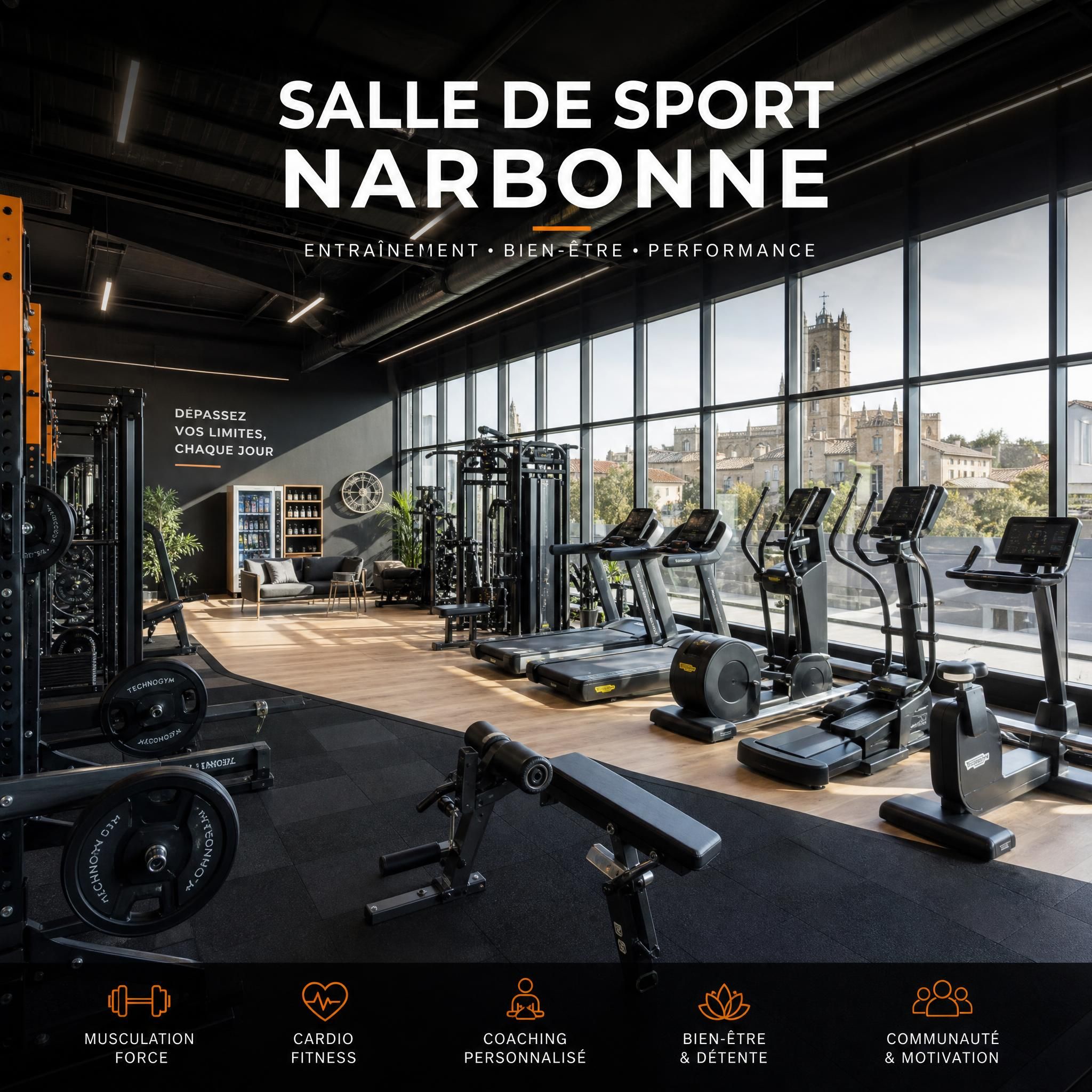 Salle de sport moderne à Narbonne avec équipements de musculation et cardio, ambiance lumineuse et accueillante