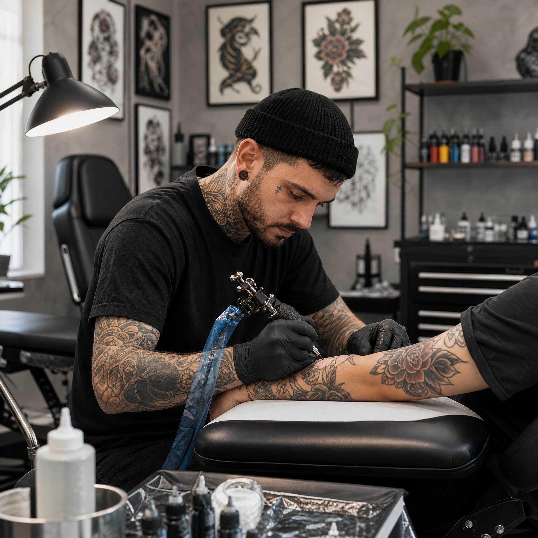 Illustration d'un tatoueur professionnel dans un studio propre et bien équipé, style illustratif sans texte