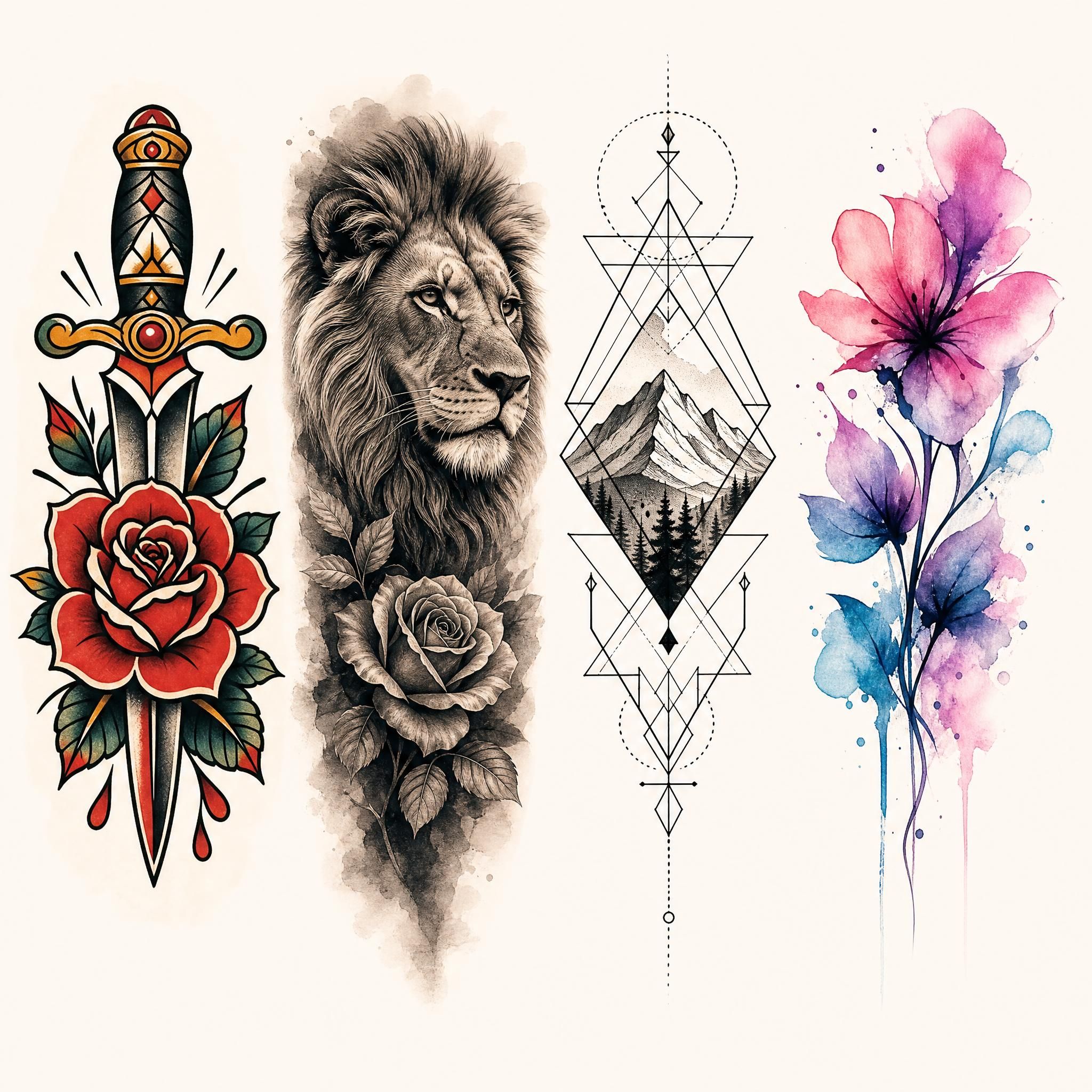 Illustration montrant différents styles de tatouage côte à côte - traditionnel, réaliste, géométrique, aquarelle - style illustratif sans texte