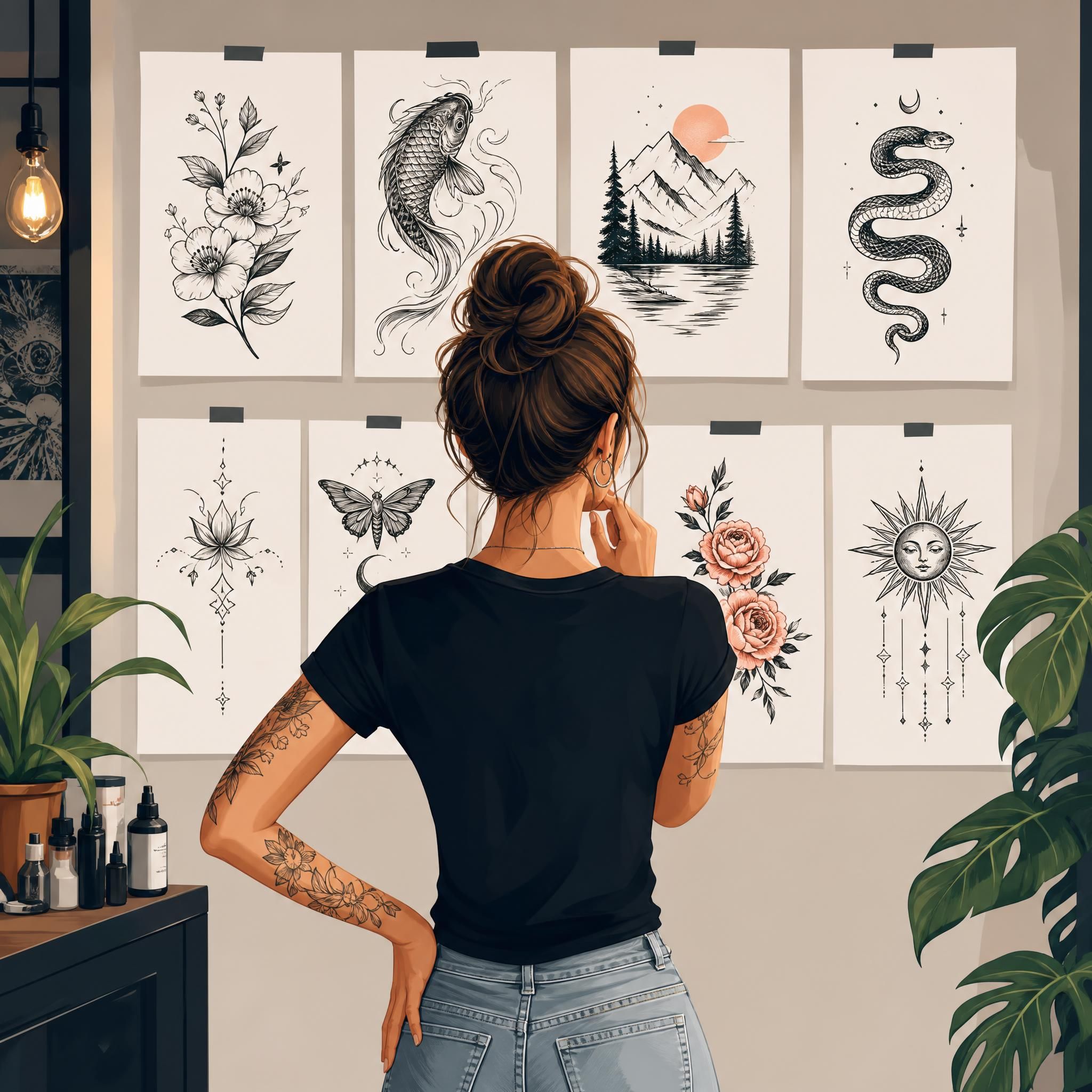 Illustration d'une personne hésitant devant différents designs de tatouage, style illustratif coloré sans texte