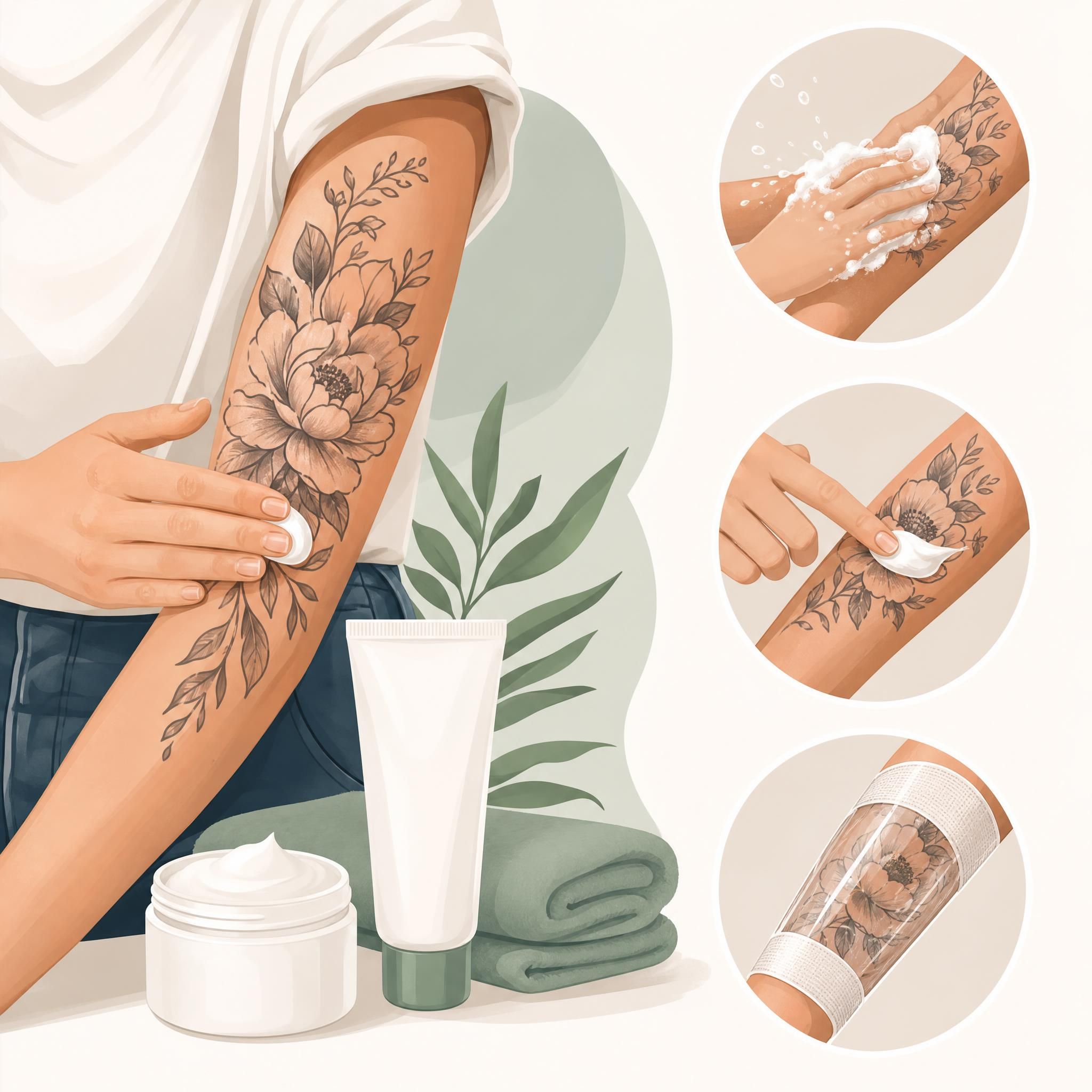 Illustration illustrative et douce montrant des soins de tatouage avec crème et pansement, style graphique sans texte