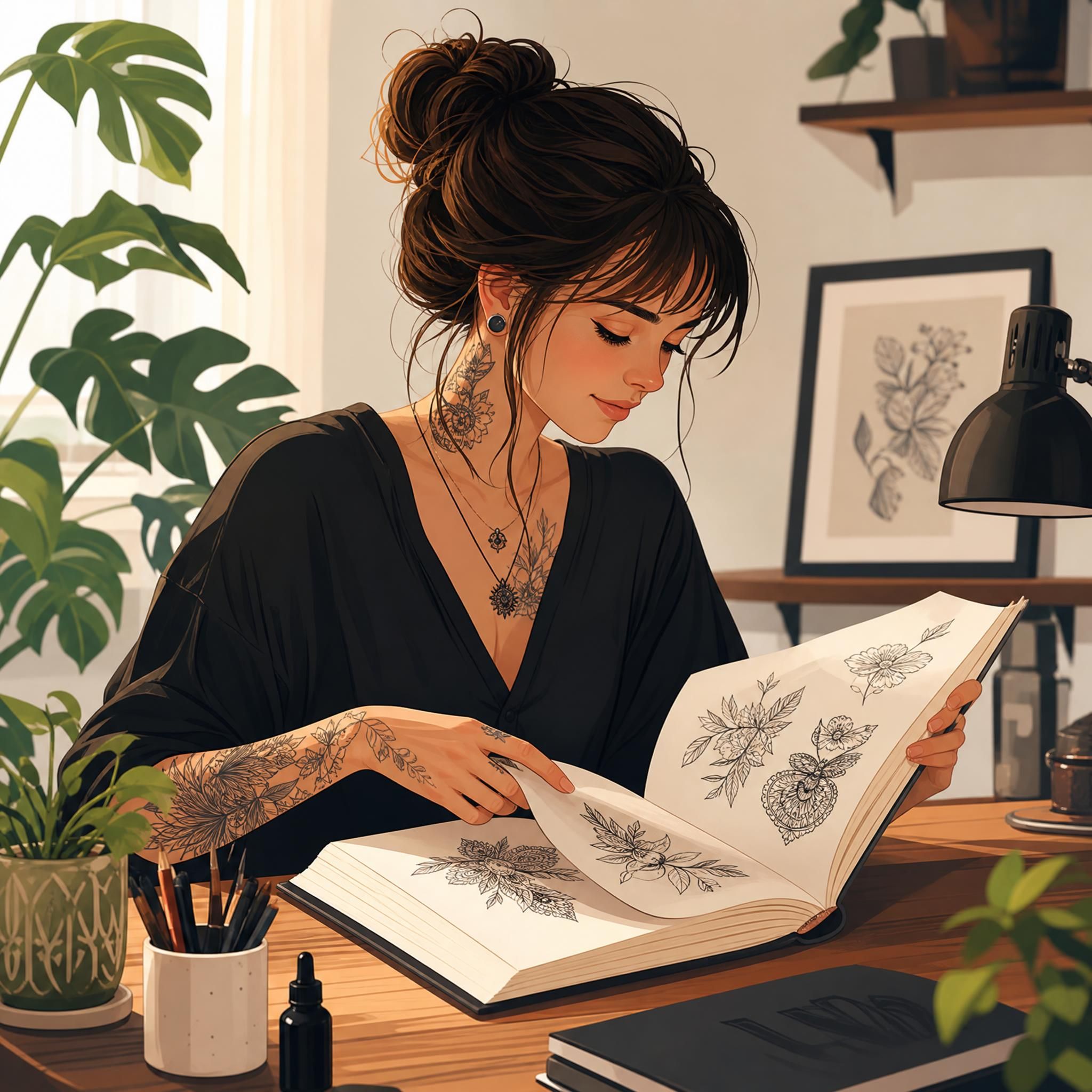 Illustration douce et illustrative montrant une femme sereine qui feuillette un carnet de croquis de tatouages, style graphique coloré sans texte