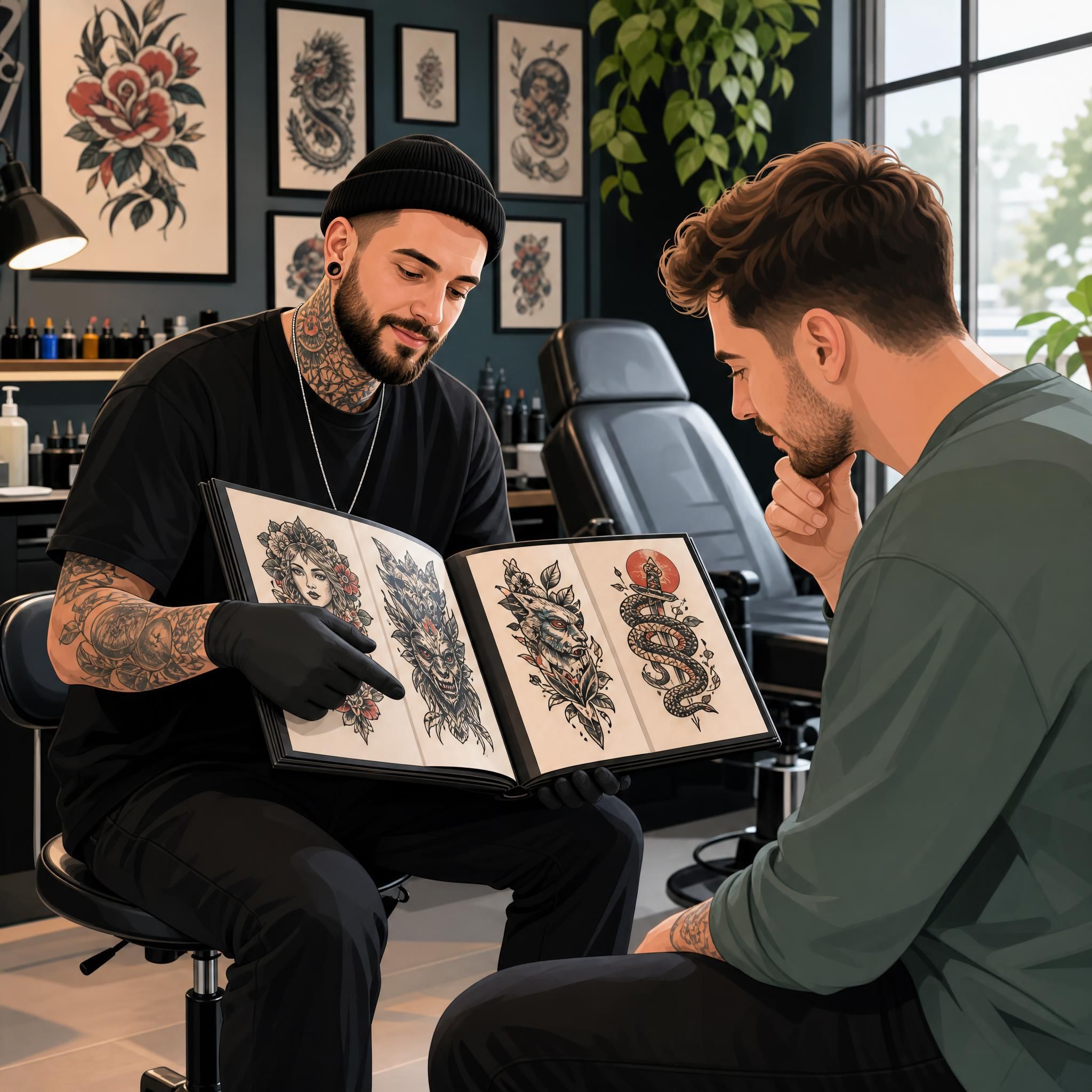 Illustration illustrative d'un artiste tatoueur montrant son portfolio à un client dans un studio moderne, style graphique coloré sans texte