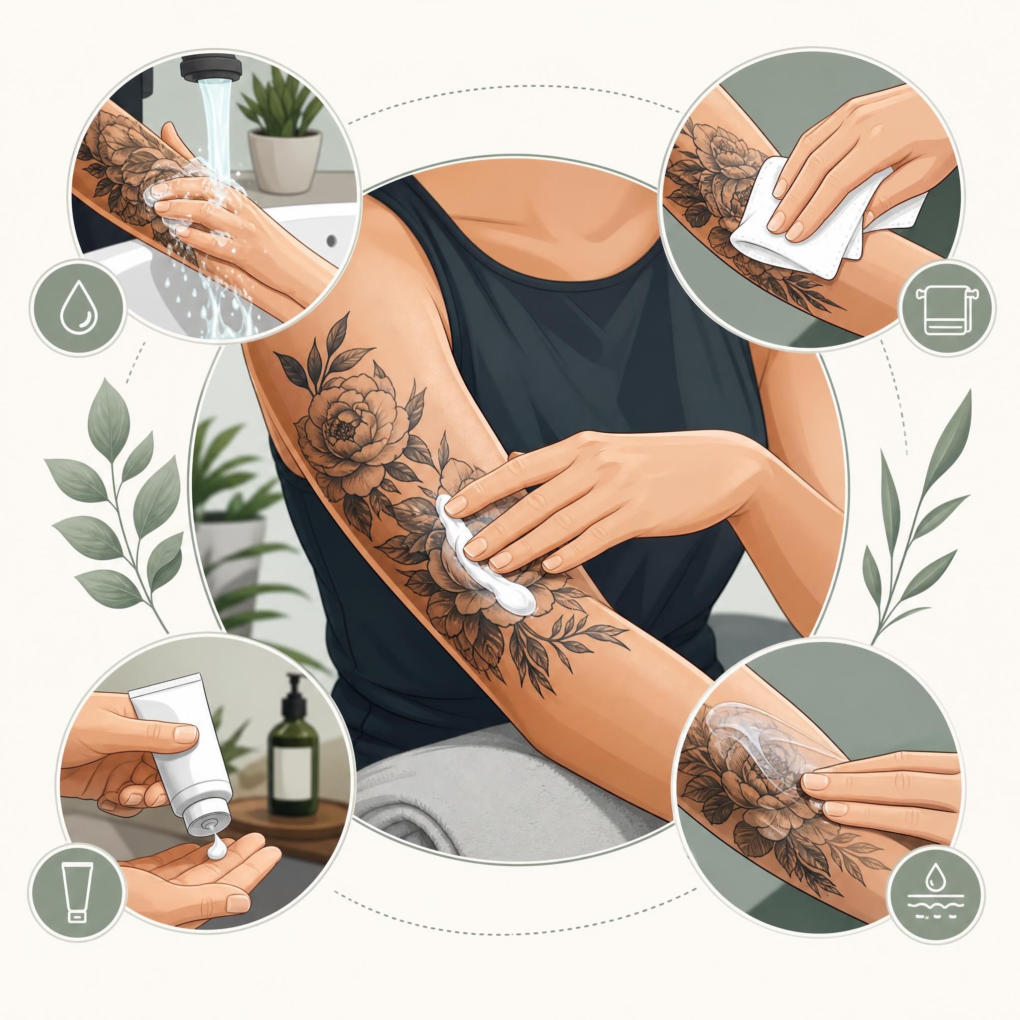 Illustration d'une routine de soin tatouage avec crème hydratante et nettoyage doux, style illustratif sans texte