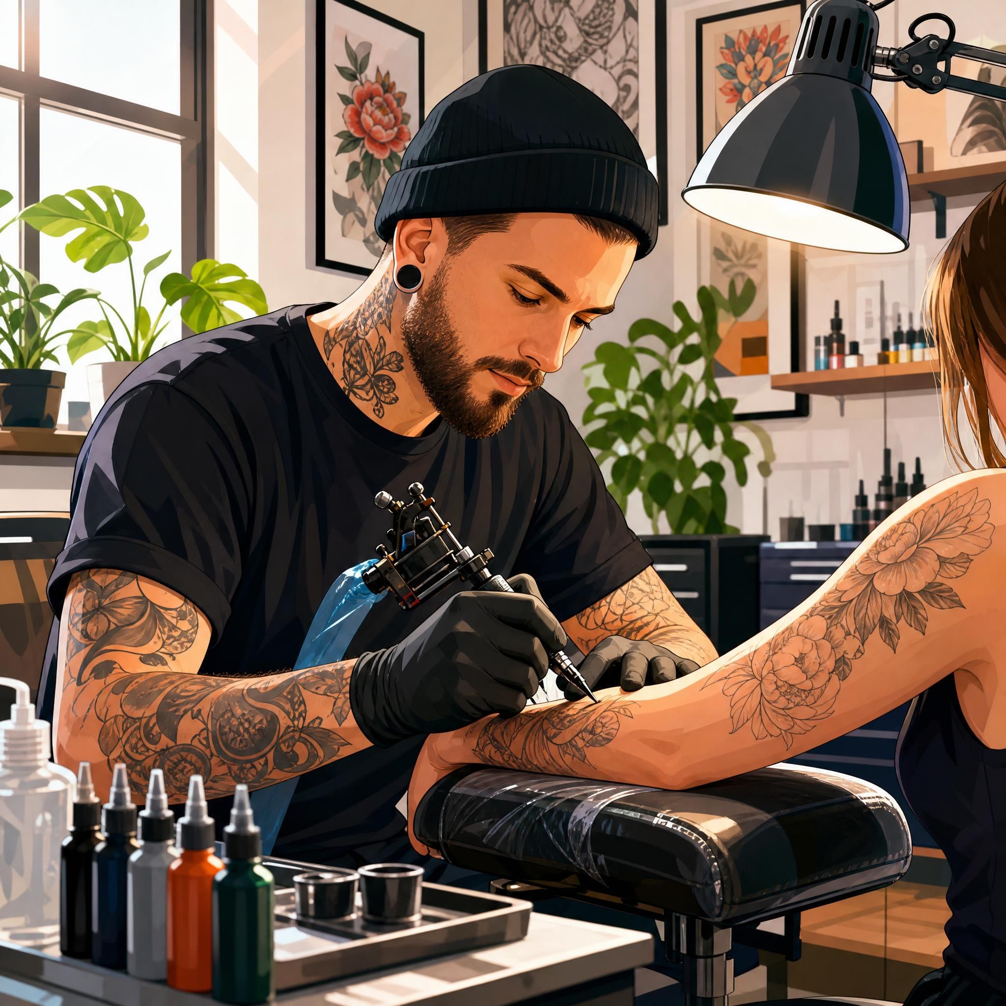 Illustration colorée et illustrative d'un tatoueur au travail dans un studio lumineux, style graphique sans texte