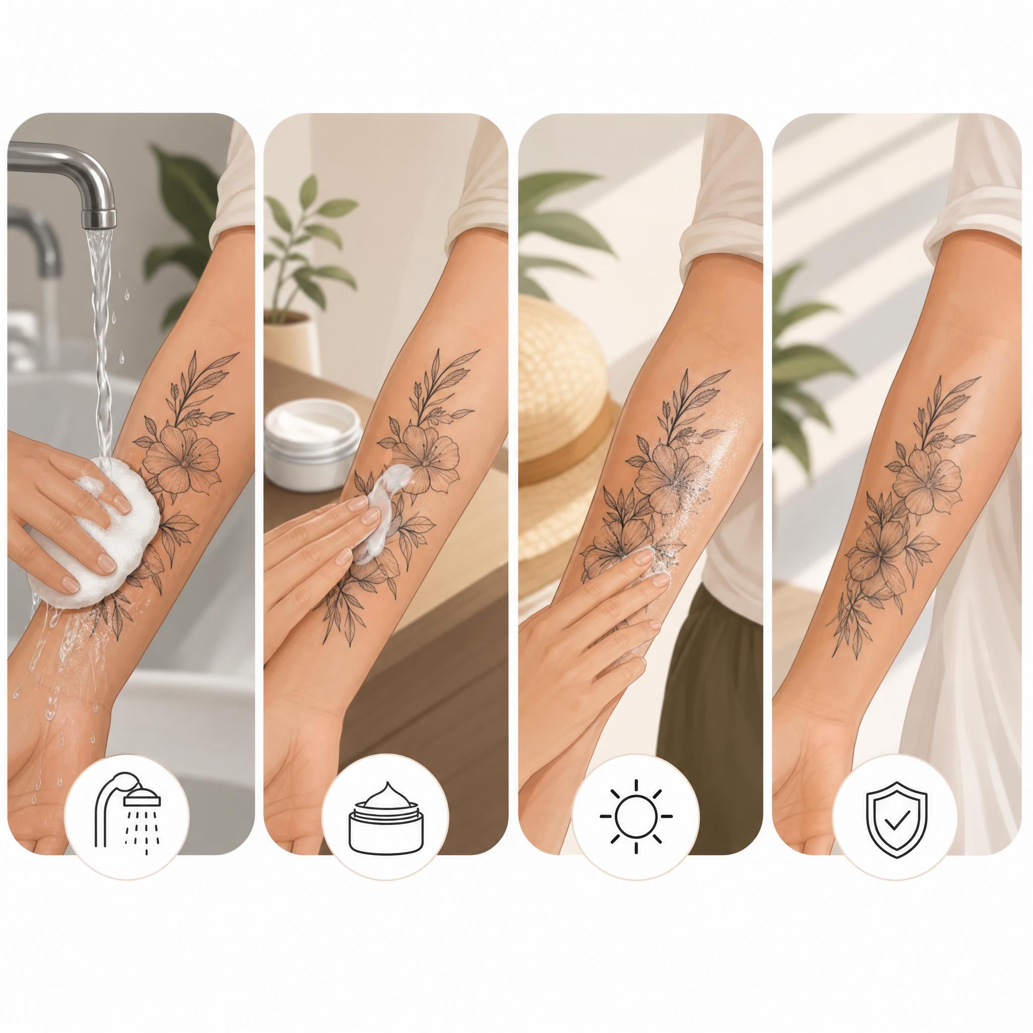 Illustration illustrative et douce montrant les étapes de soin d'un tatouage frais — nettoyage, hydratation, protection solaire, sans texte