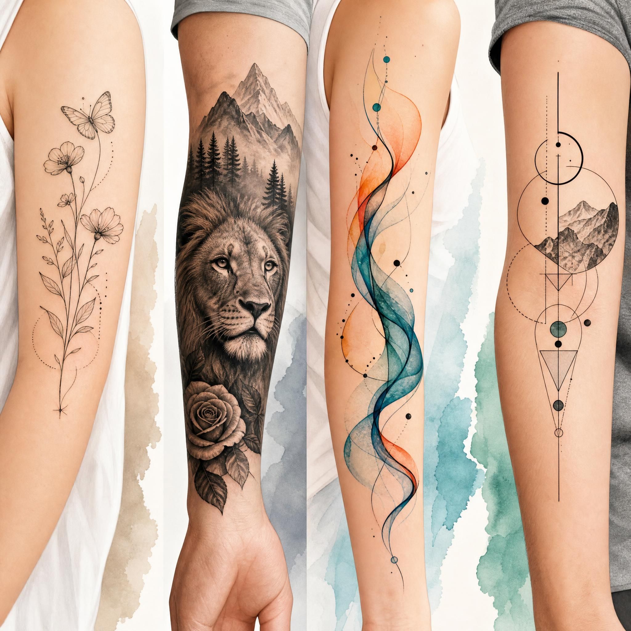 Illustration colorée montrant différents styles de tatouage côte à côte — fine line, micro-réalisme, style fluide et géométrique, sans texte, style illustratif doux