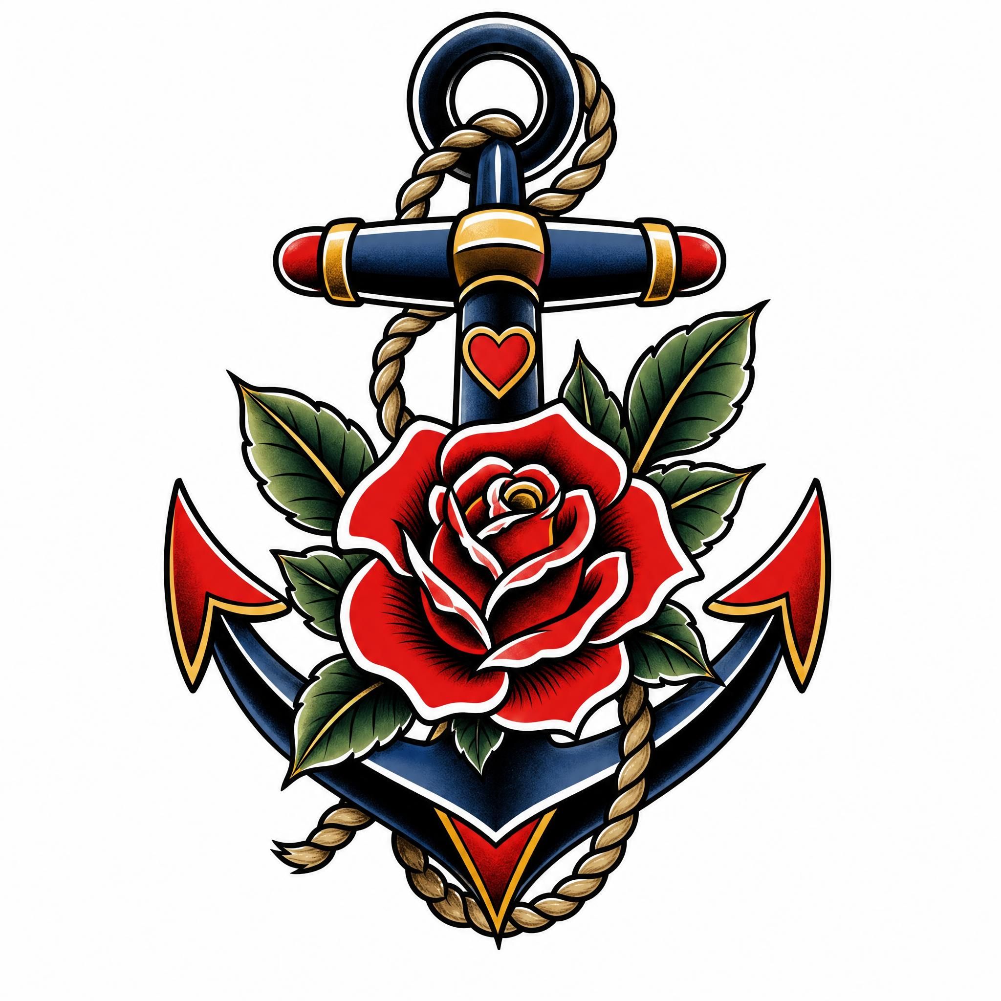Illustration de style tatouage traditionnel américain avec des couleurs vives, des contours épais et des motifs emblématiques comme des ancres et des roses, fond blanc