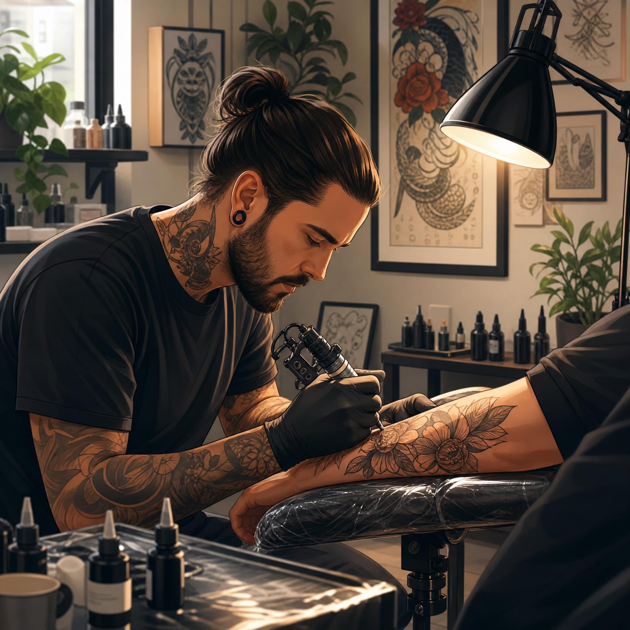 Illustration d'un tatoueur professionnel au travail dans son studio, ambiance propre et artistique, style illustratif chaleureux sans texte