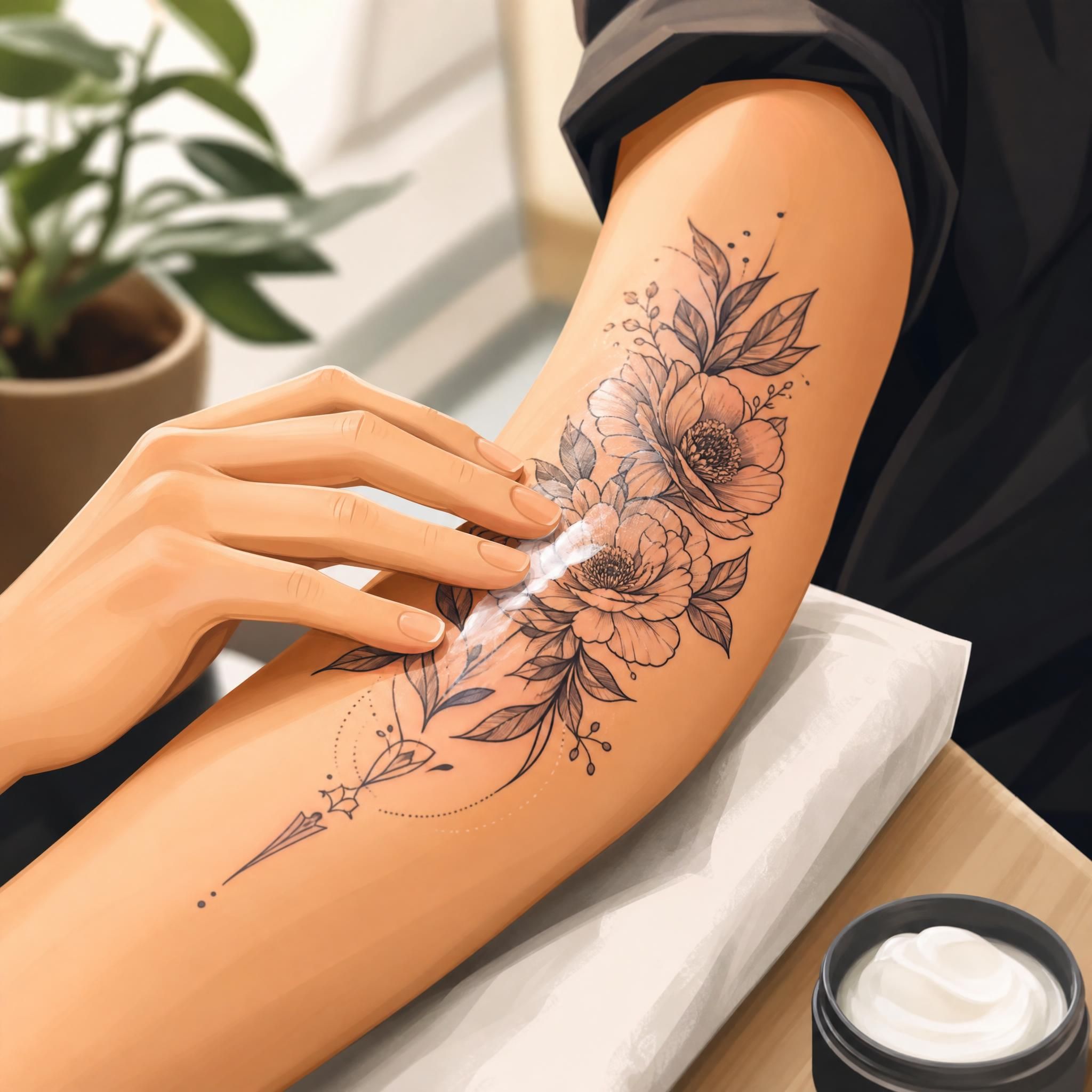 Illustration d'une main appliquant une crème hydratante sur un tatouage fraîchement réalisé, style illustratif doux sans texte