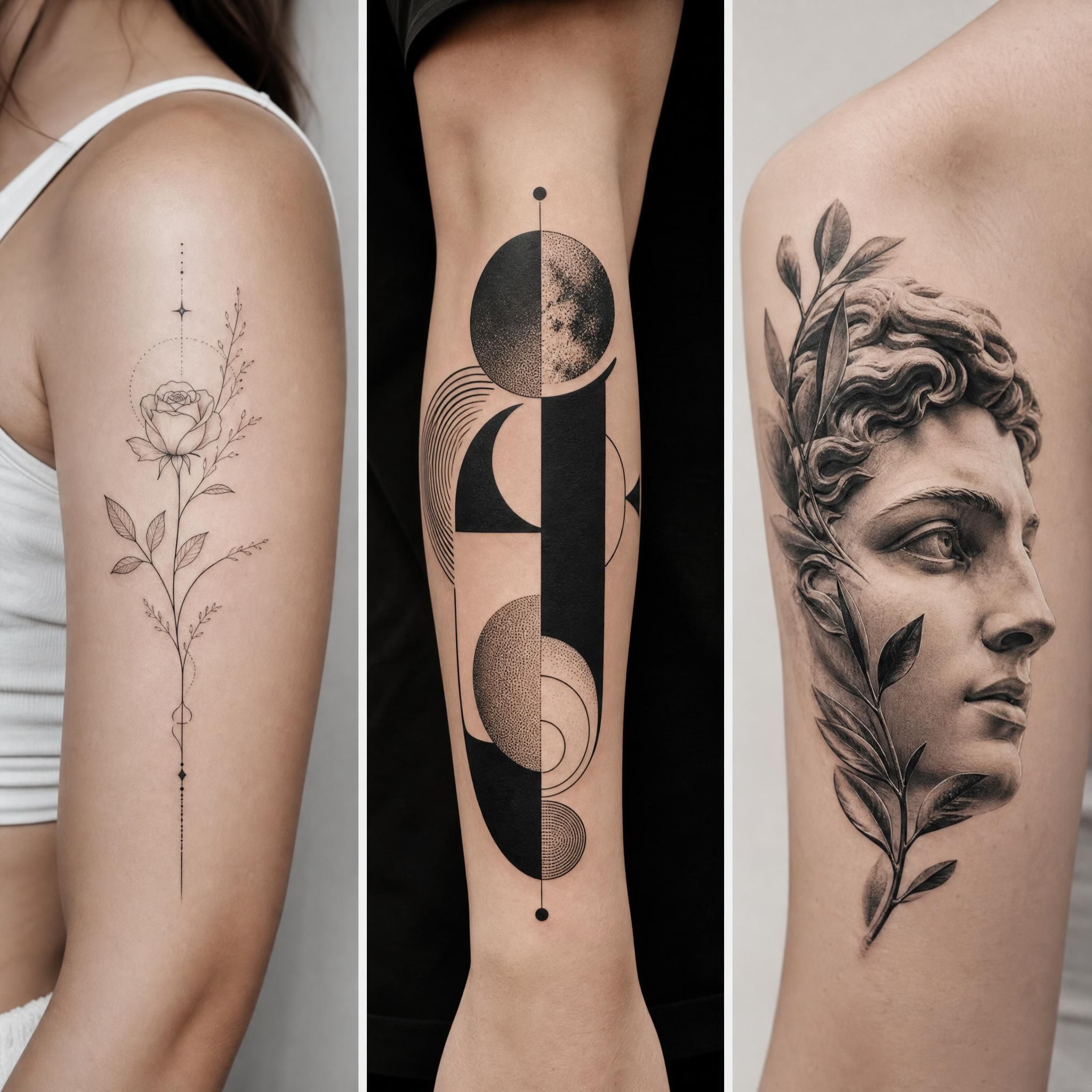 Illustration de différents styles de tatouage côte à côte — fine line, blackwork, micro-réalisme — style illustratif sans texte