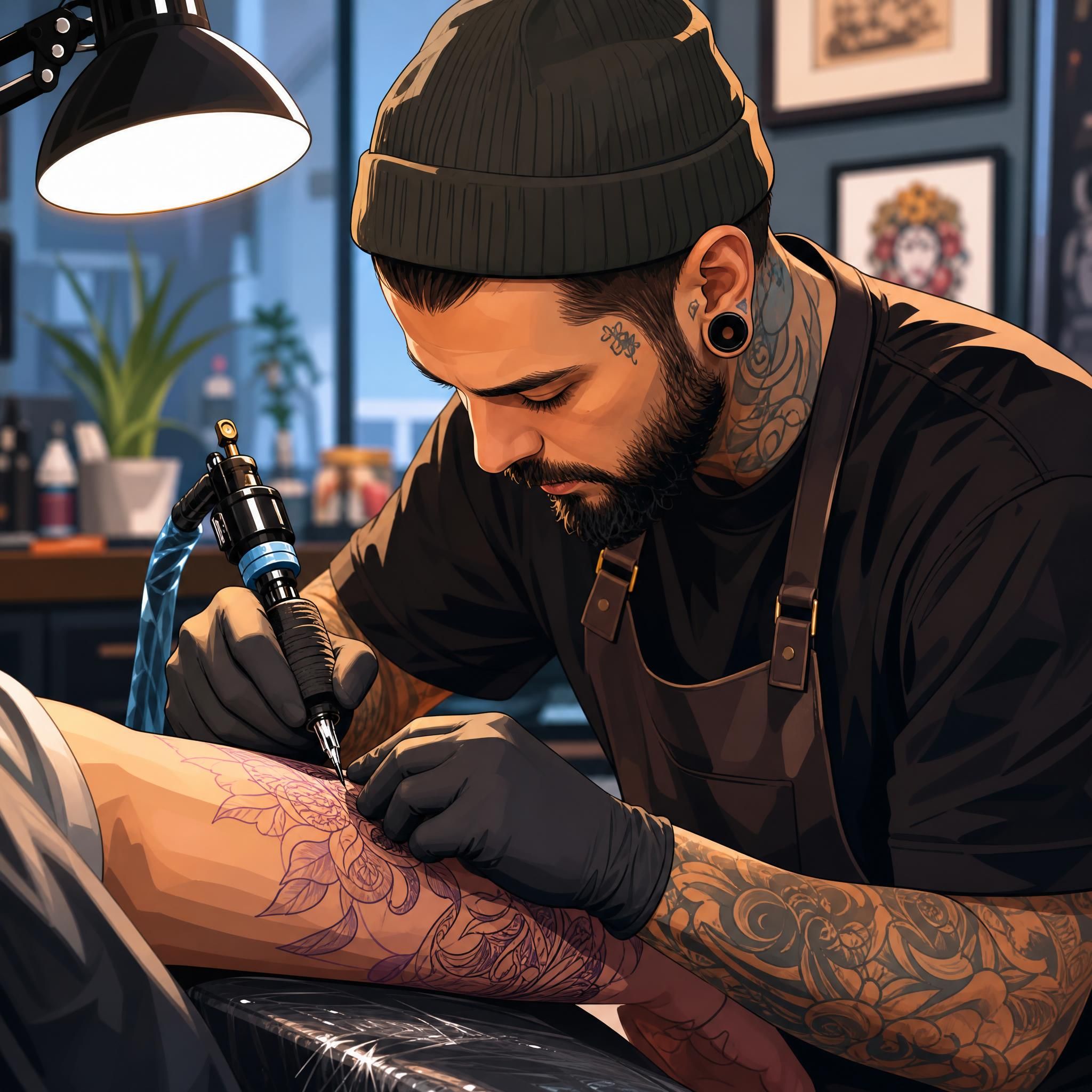 Illustration artistique d'un tatoueur professionnel travaillant sur un bras, style illustratif coloré sans texte