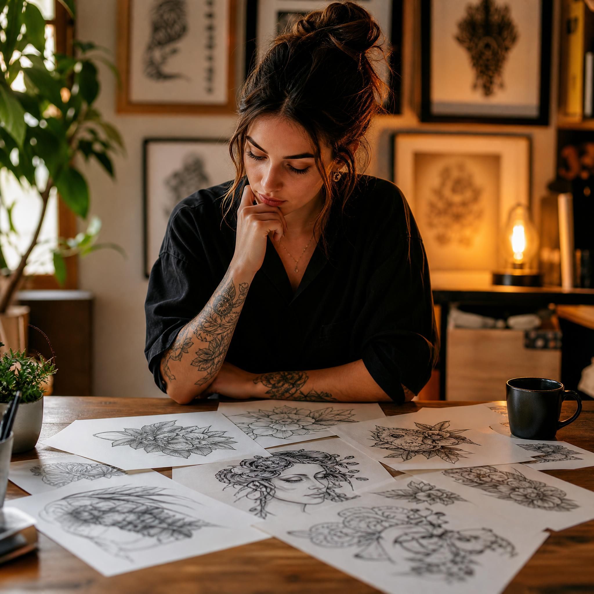 Illustration d'une personne réfléchissant devant plusieurs esquisses de tatouage posées sur une table, ambiance chaleureuse et inspirante, sans texte