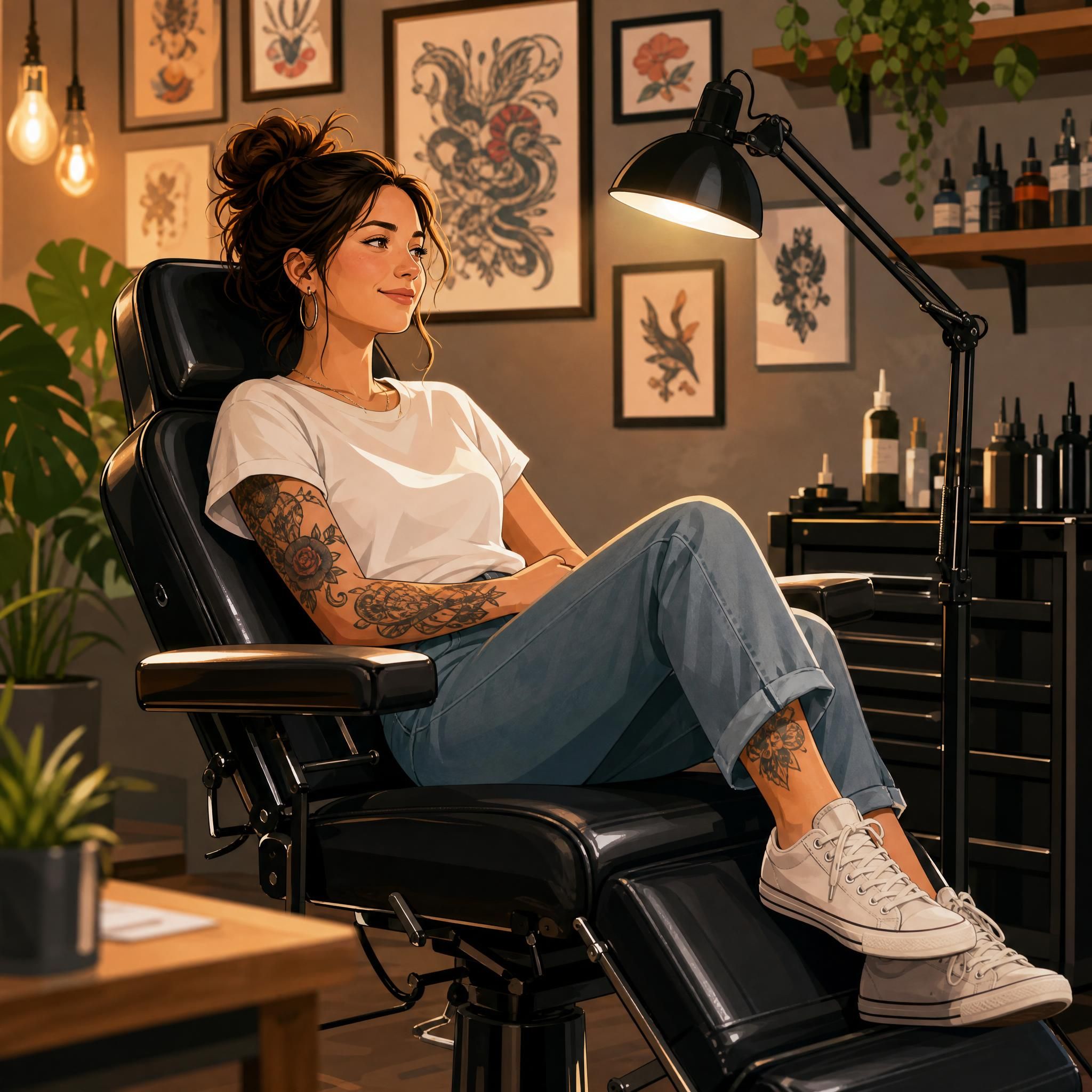Illustration décontractée d'une personne assise dans un fauteuil de salon de tatouage, ambiance chaleureuse et moderne, style illustratif sans texte