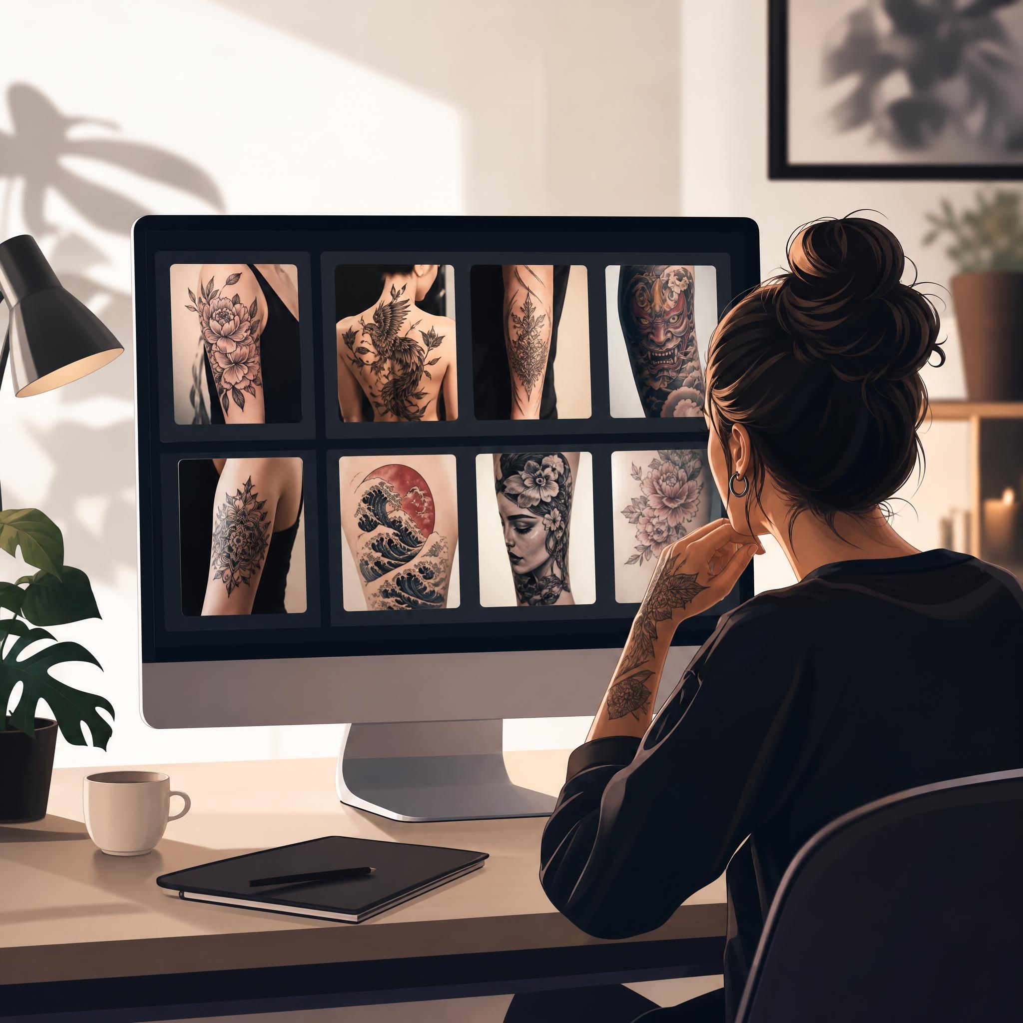 Illustration d'une personne parcourant des portfolios de tatoueurs sur un écran, style illustratif moderne sans texte