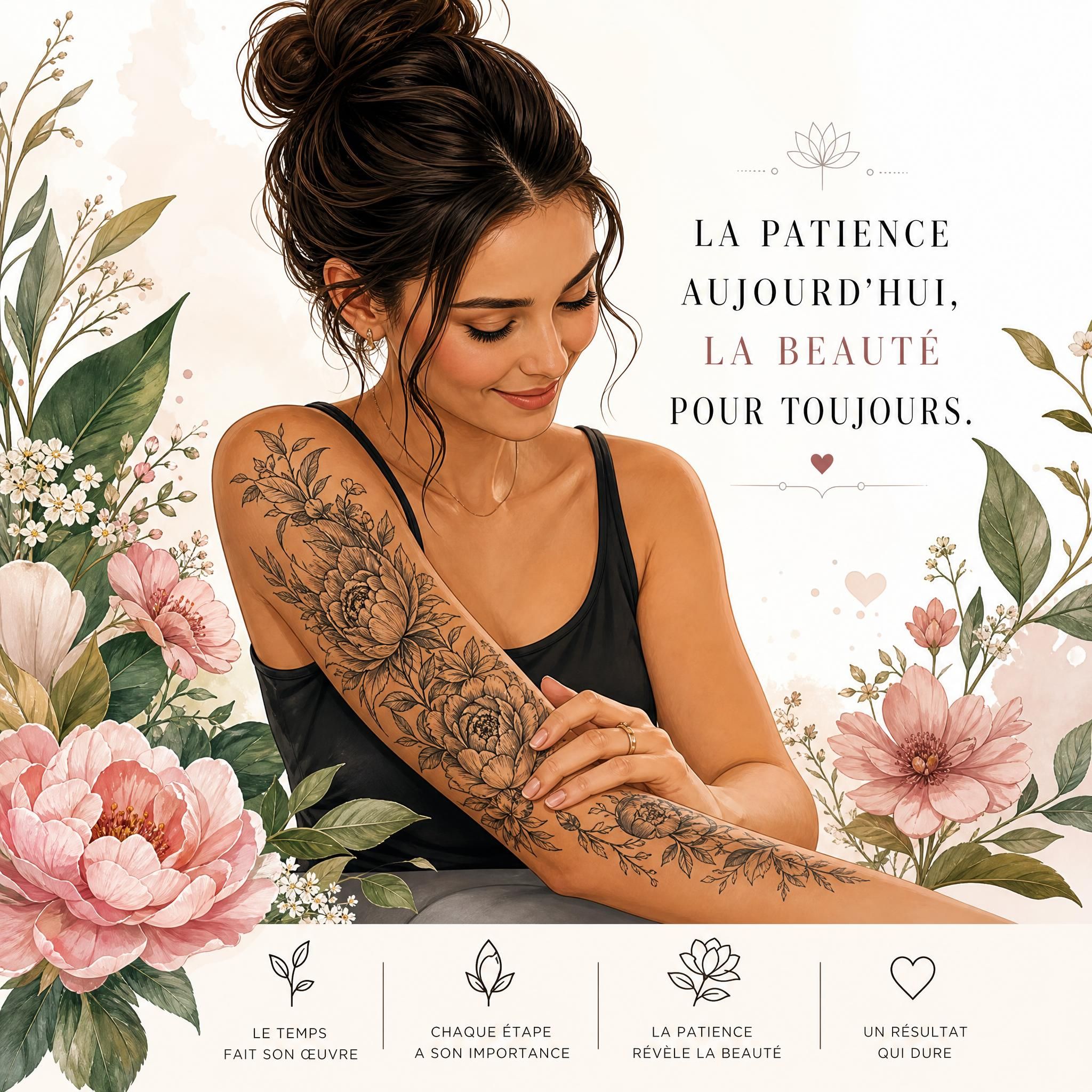 Illustration douce et illustrative d'une femme sereine regardant son bras tatoué avec un sourire, entourée de motifs floraux symbolisant la patience et la beauté du résultat