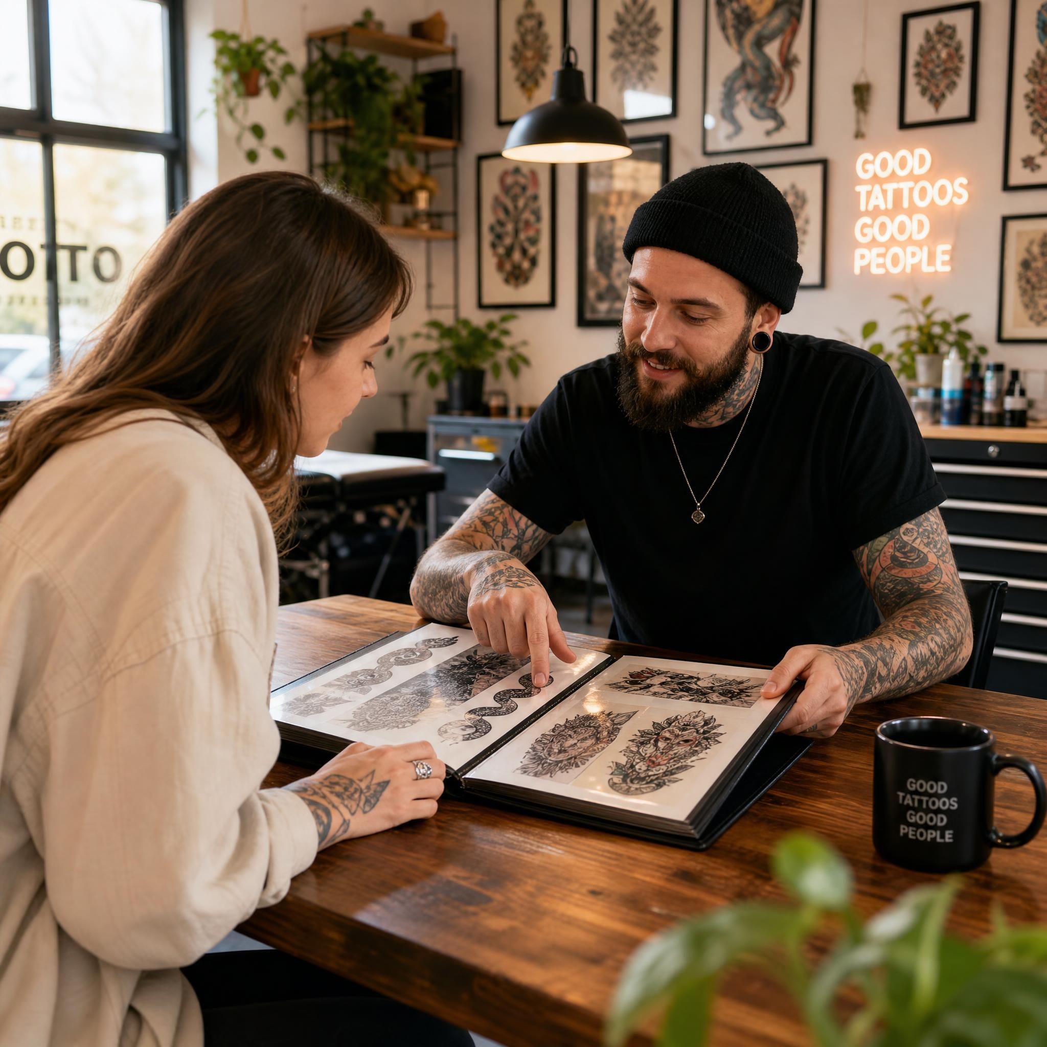 Illustration illustrative d'une personne consultant un portfolio de tatouage avec un tatoueur dans un studio lumineux et accueillant, ambiance chaleureuse et professionnelle