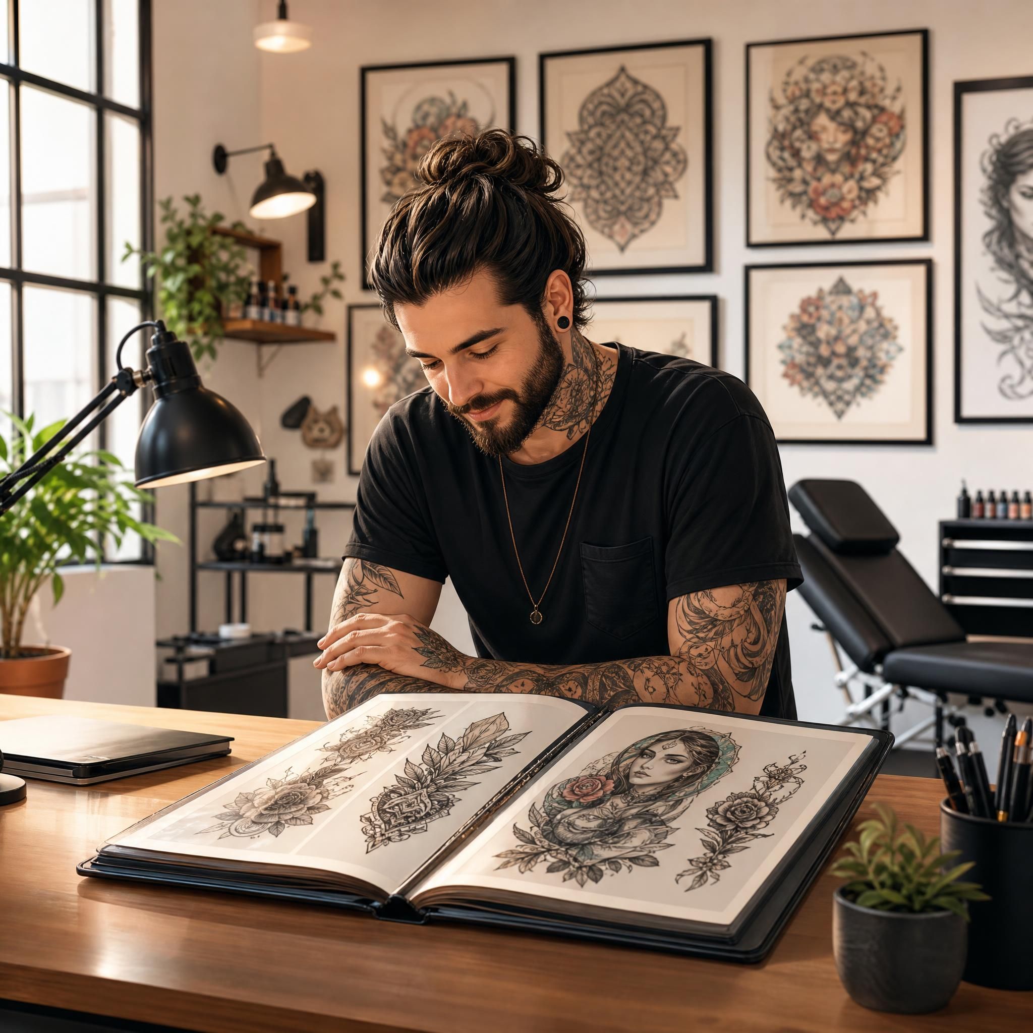 Illustration d'un tatoueur artiste devant son portfolio ouvert, dans un studio propre et lumineux, style illustratif chaleureux sans texte