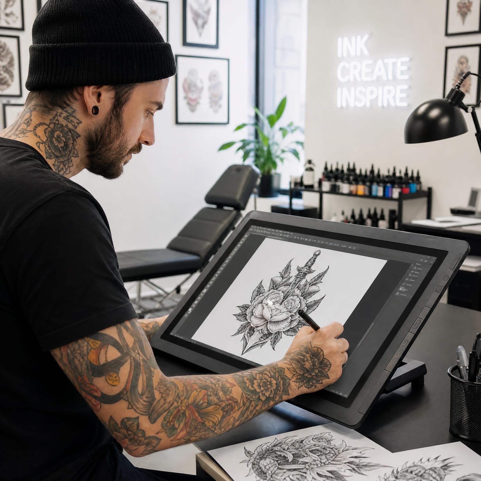 Illustration d'un tatoueur utilisant une tablette numérique pour créer un design de tatouage dans un studio moderne et lumineux