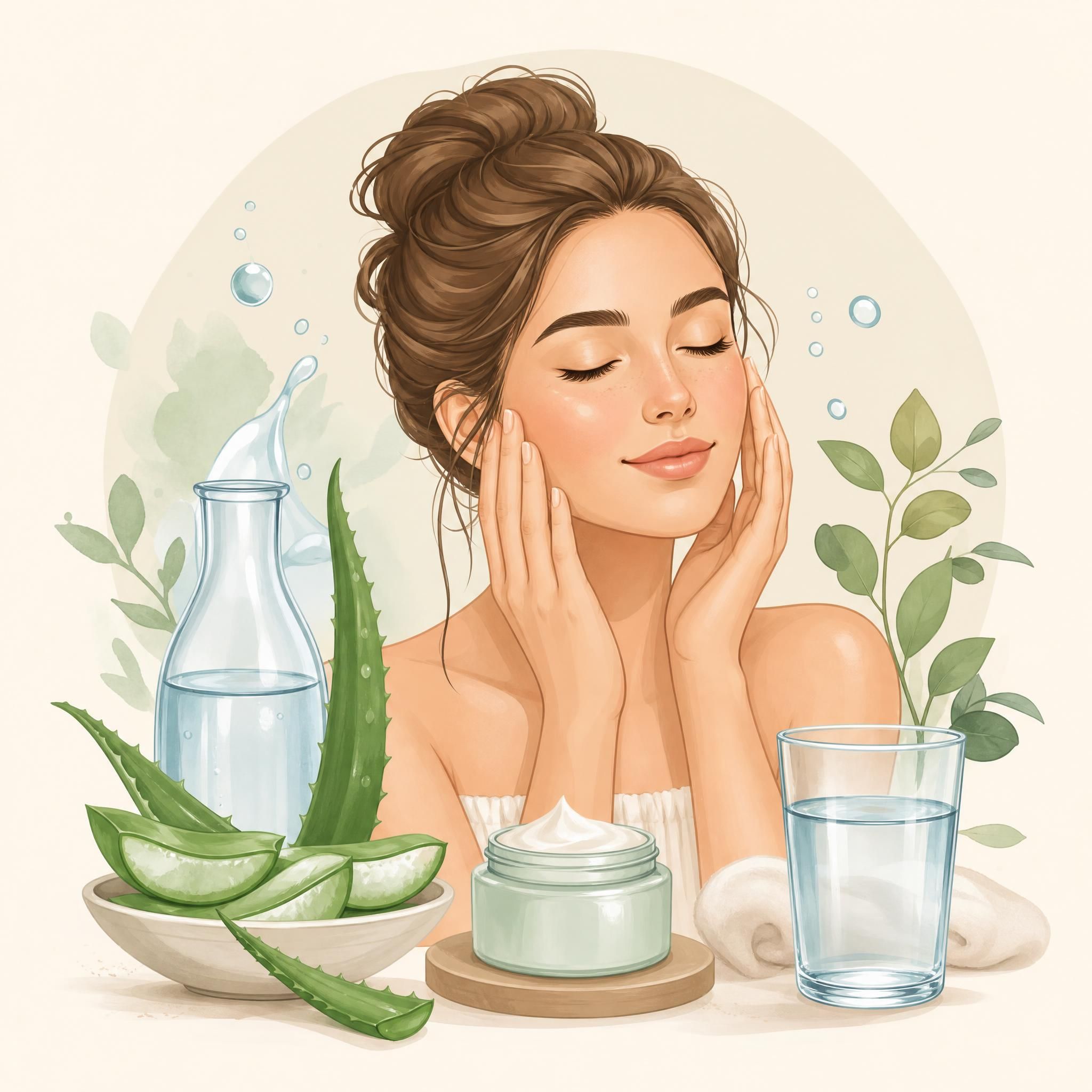 Illustration douce et rassurante d'une peau bien hydratée avec des soins naturels autour — crème, aloe vera, eau — style illustratif pastel, sans texte