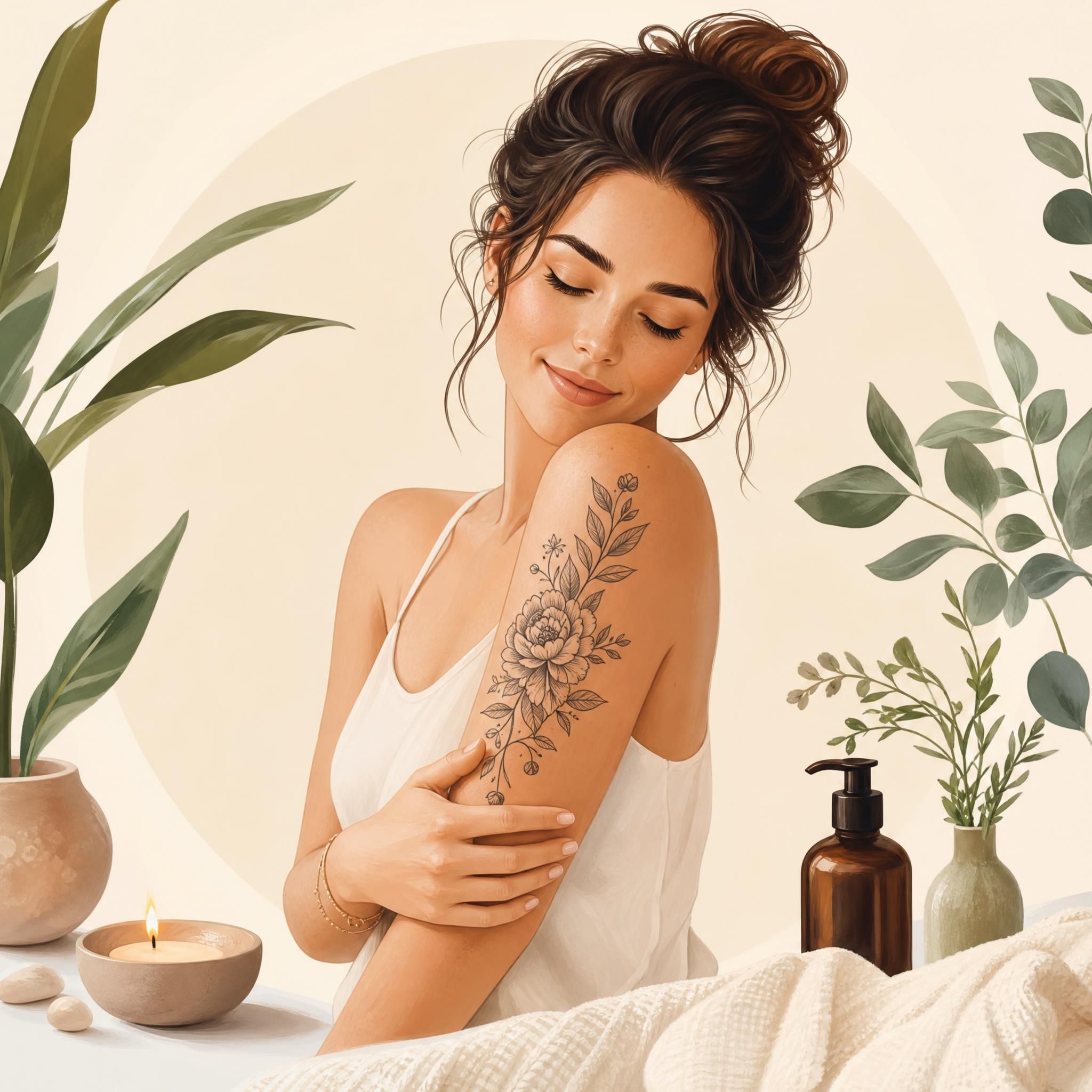 Illustration bienveillante et douce représentant une femme sereine avec un tatouage existant sur le bras, entourée de symboles de nature et de soin, sans texte