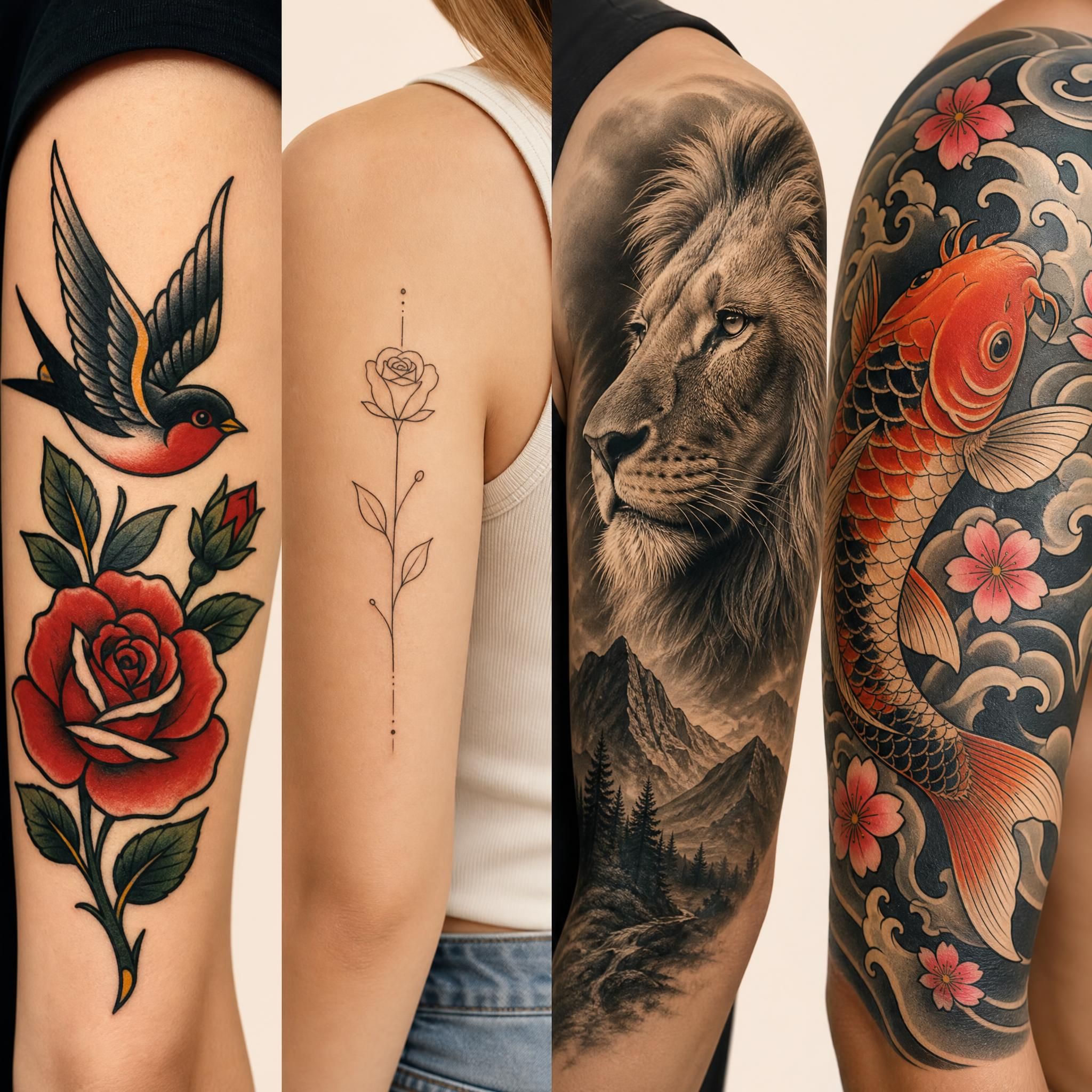 Illustration colorée représentant différents styles de tatouage côte à côte — traditionnel, minimaliste, réaliste et japonais — sur fond neutre, sans texte