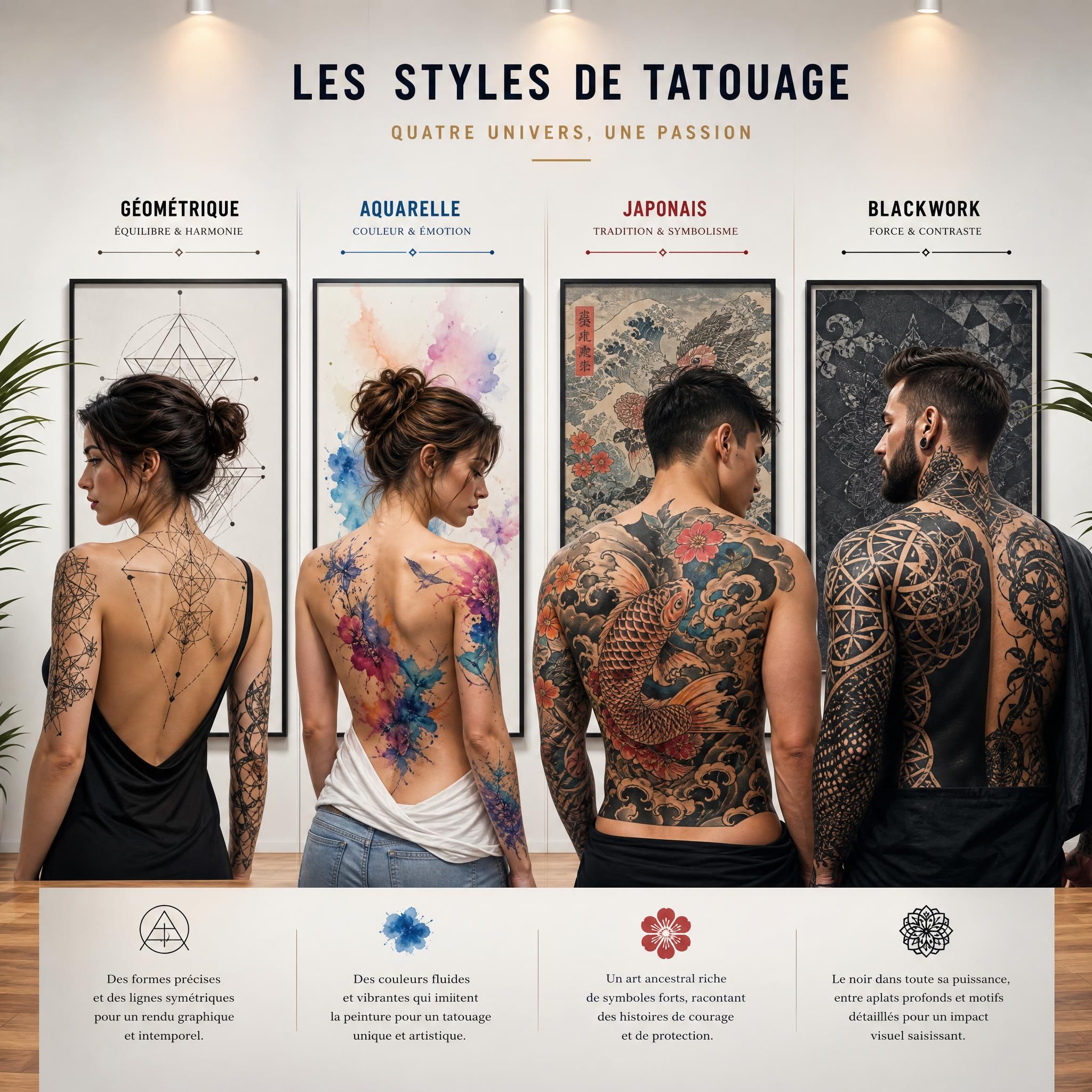 Illustration colorée et inspirante montrant une variété de styles de tatouage côte à côte — géométrique, aquarelle, japonais, blackwork — dans un esprit de galerie d'art
