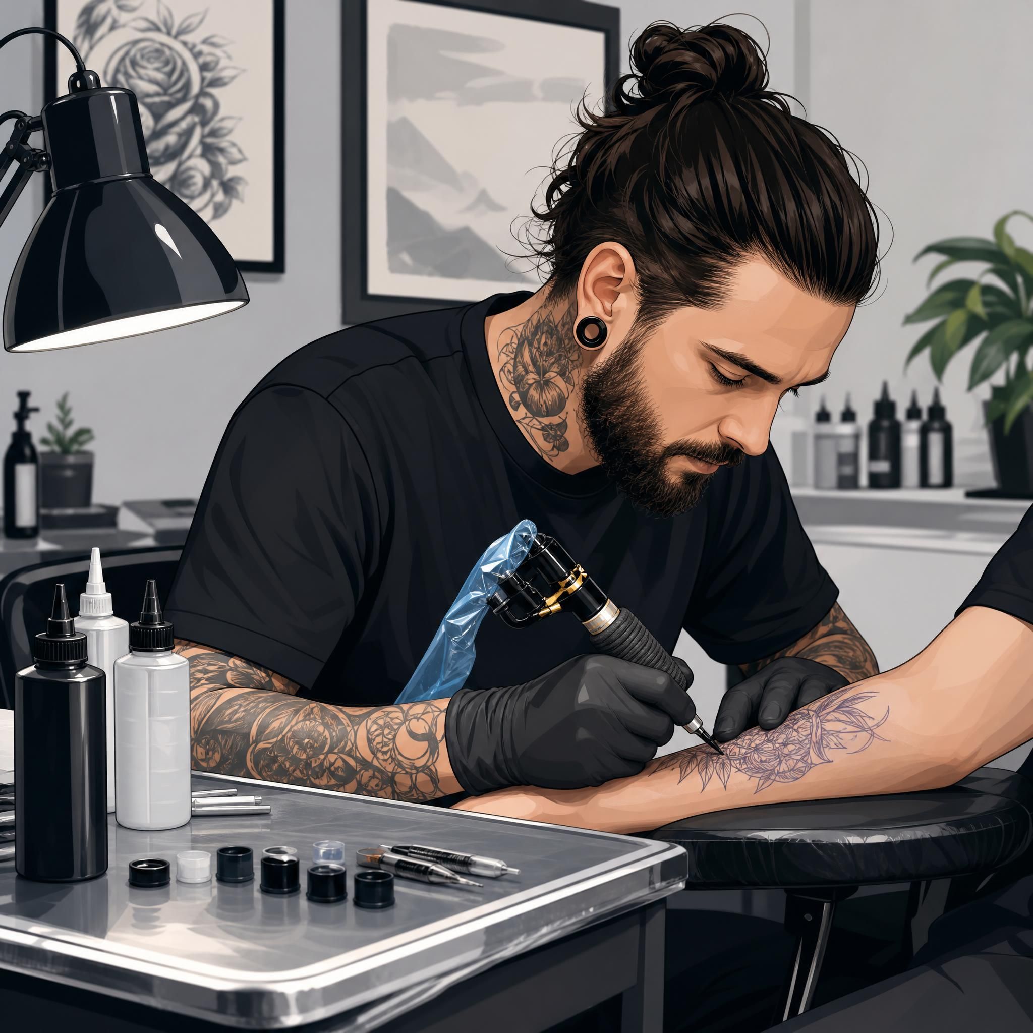 Illustration détaillée d'un tatoueur au travail avec ses outils professionnels, style graphique épuré, sans texte