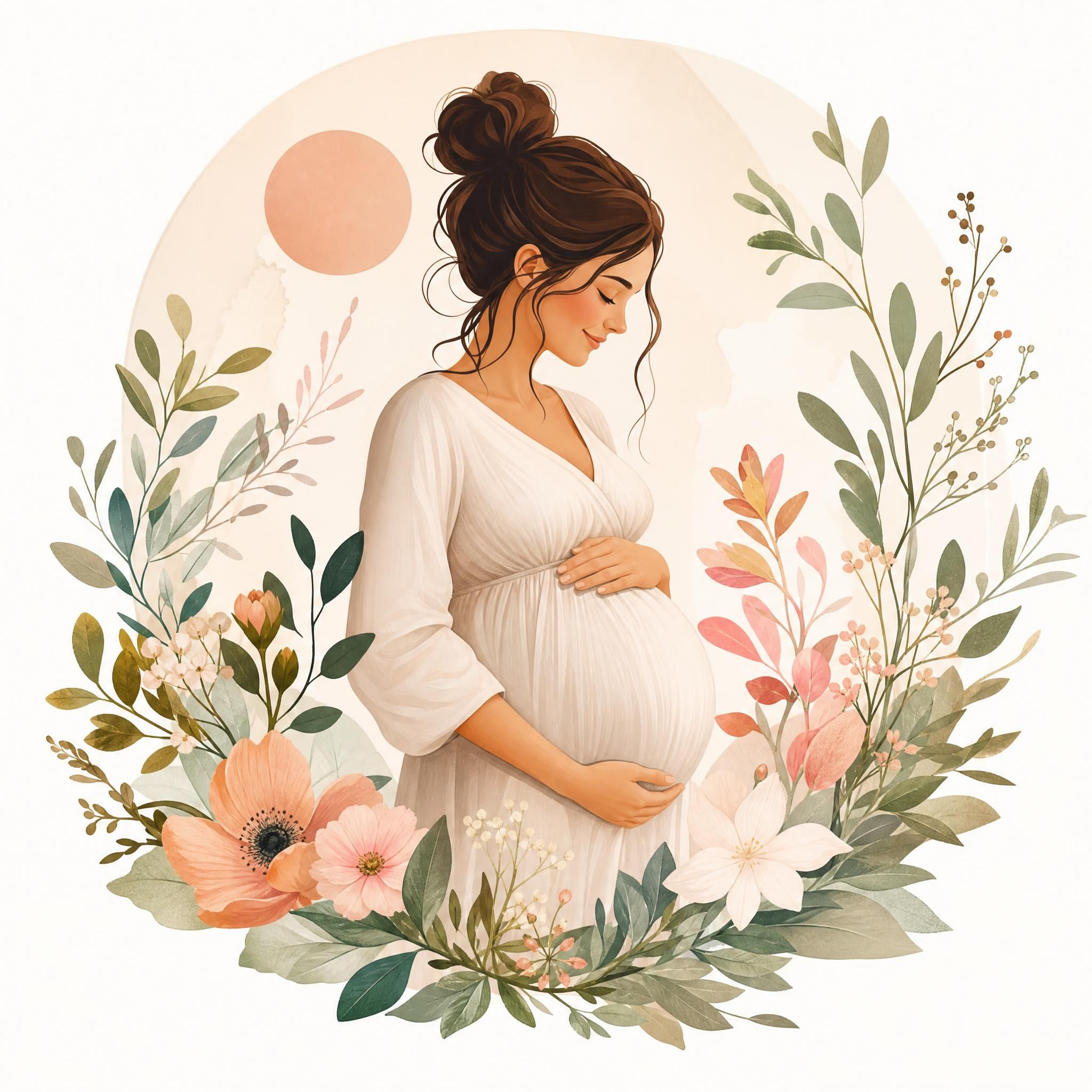 Illustration douce et illustrative d'une femme enceinte entourée de fleurs et de motifs naturels, symbolisant la patience et la beauté du moment, sans texte