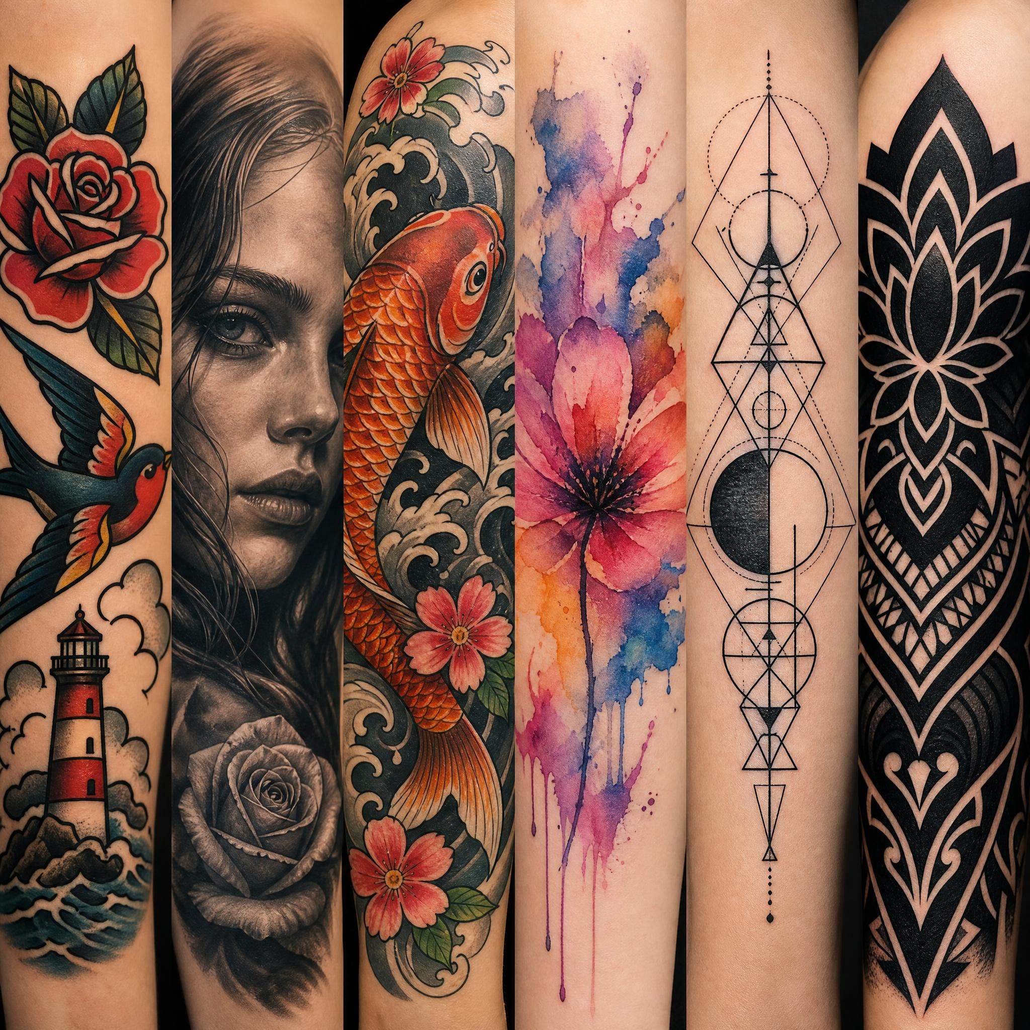 Illustration illustrative montrant six styles de tatouage différents côte à côte — old school, réaliste, japonais, watercolor, géométrique et blackwork — sans texte dans l'image