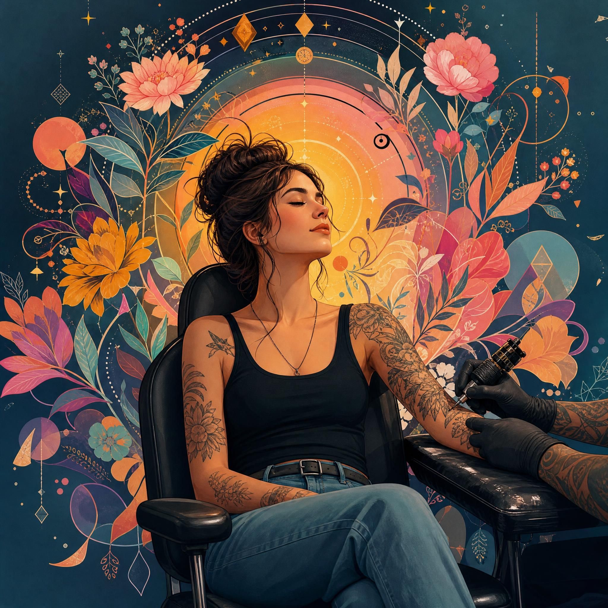 Illustration colorée et illustrative d'une personne assise dans un fauteuil de tatoueur, entourée d'un halo de motifs floraux et géométriques symbolisant la transformation personnelle