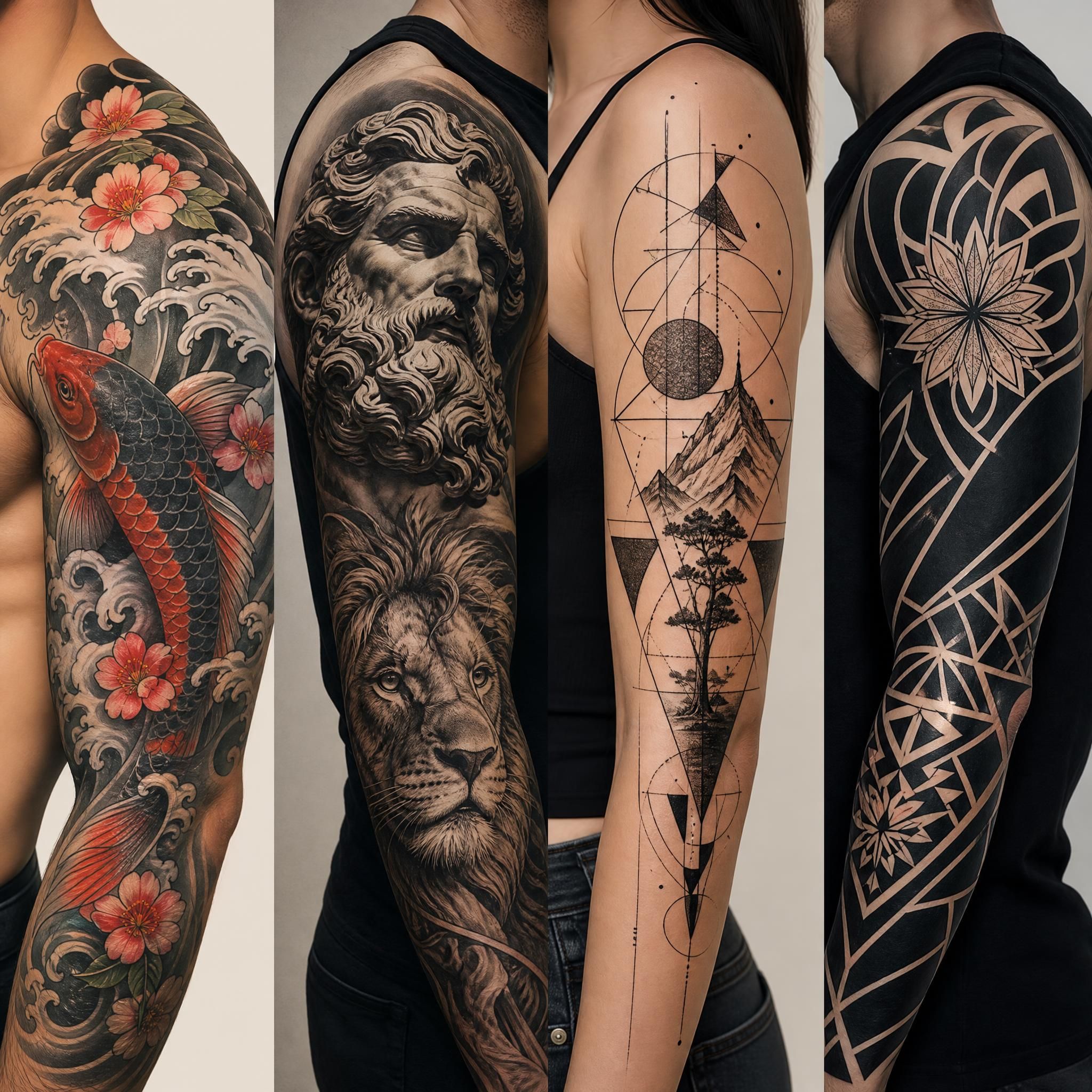 Illustration artistique colorée montrant différents styles de tatouage côte à côte — japonais, réaliste, géométrique, blackwork — sur fond neutre, sans texte