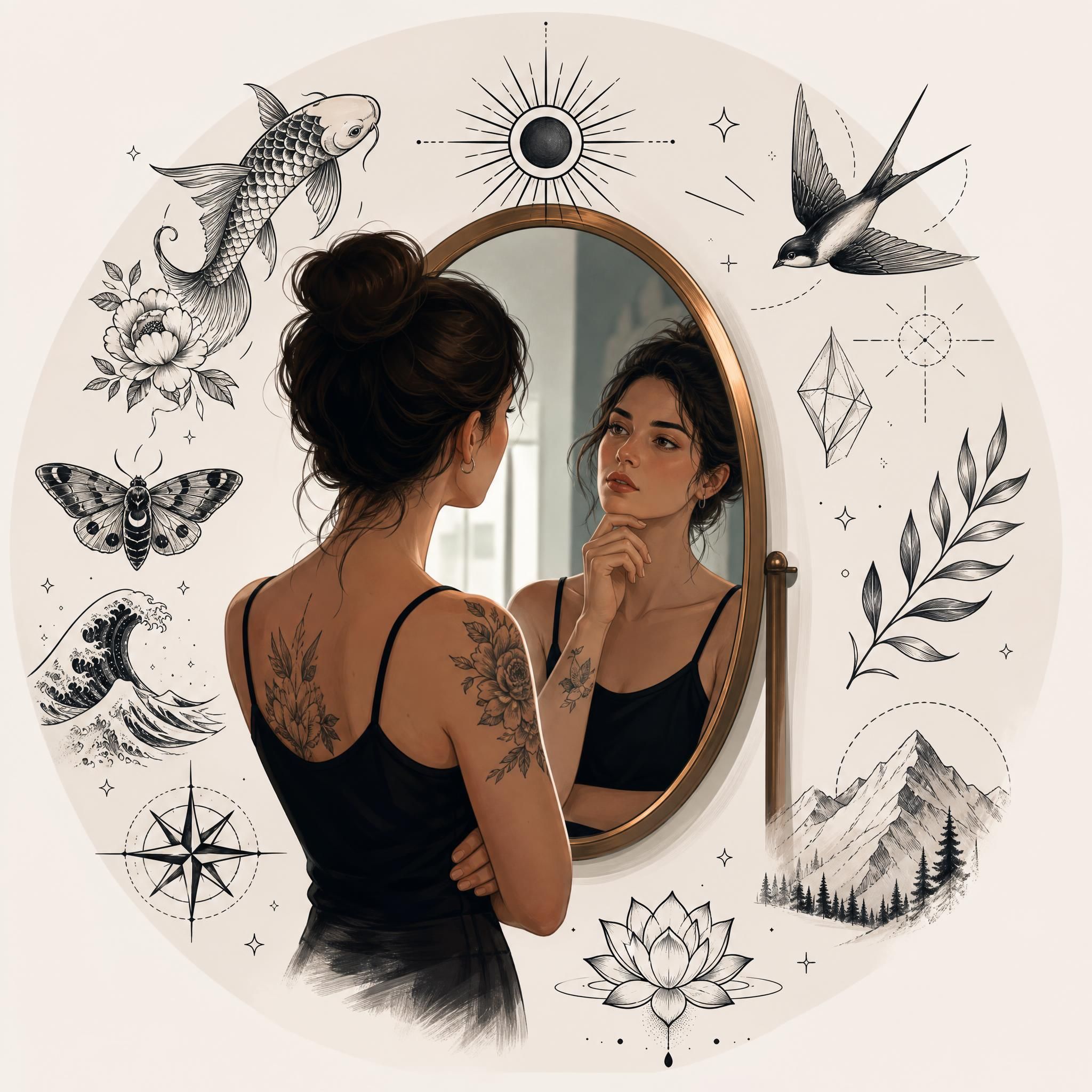 Illustration illustrative d'une personne réfléchissant face à un miroir, entourée de motifs de tatouage symboliques, style graphique sans texte