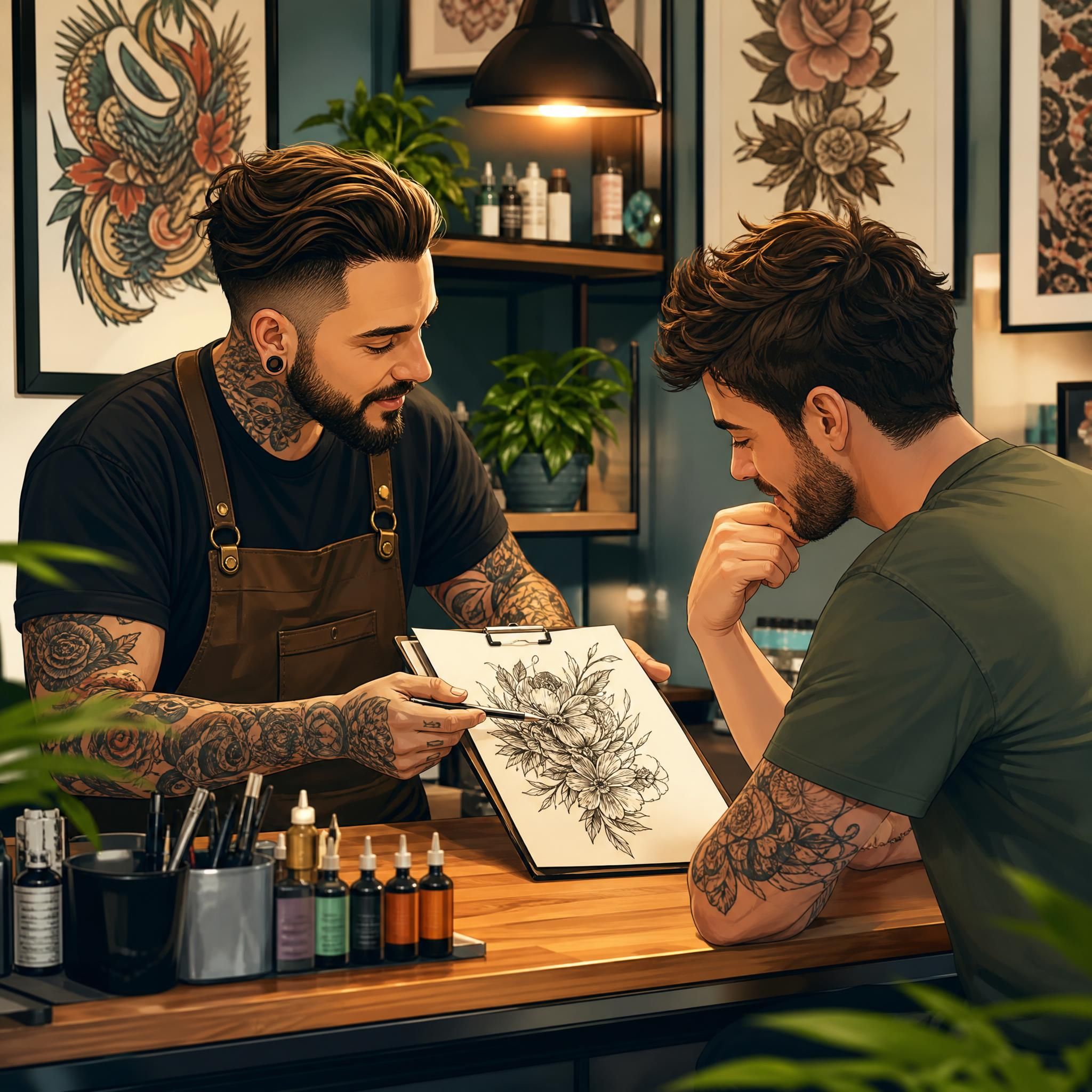 Illustration d'un tatoueur et d'un client en discussion autour d'un dessin, ambiance chaleureuse et professionnelle, style illustratif coloré sans texte