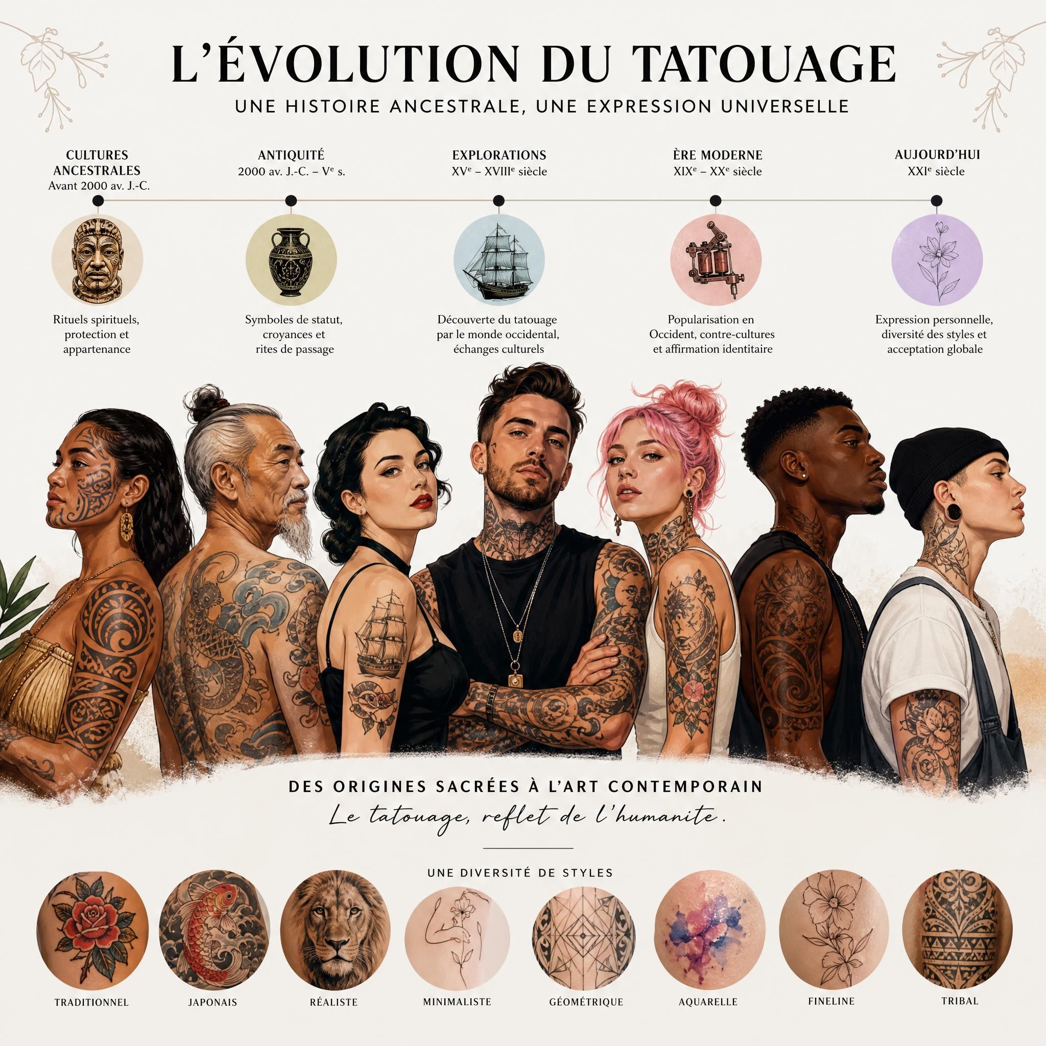 Illustration graphique montrant l'évolution du tatouage dans la société, symboles culturels variés et diversité des styles, ambiance moderne et inclusive