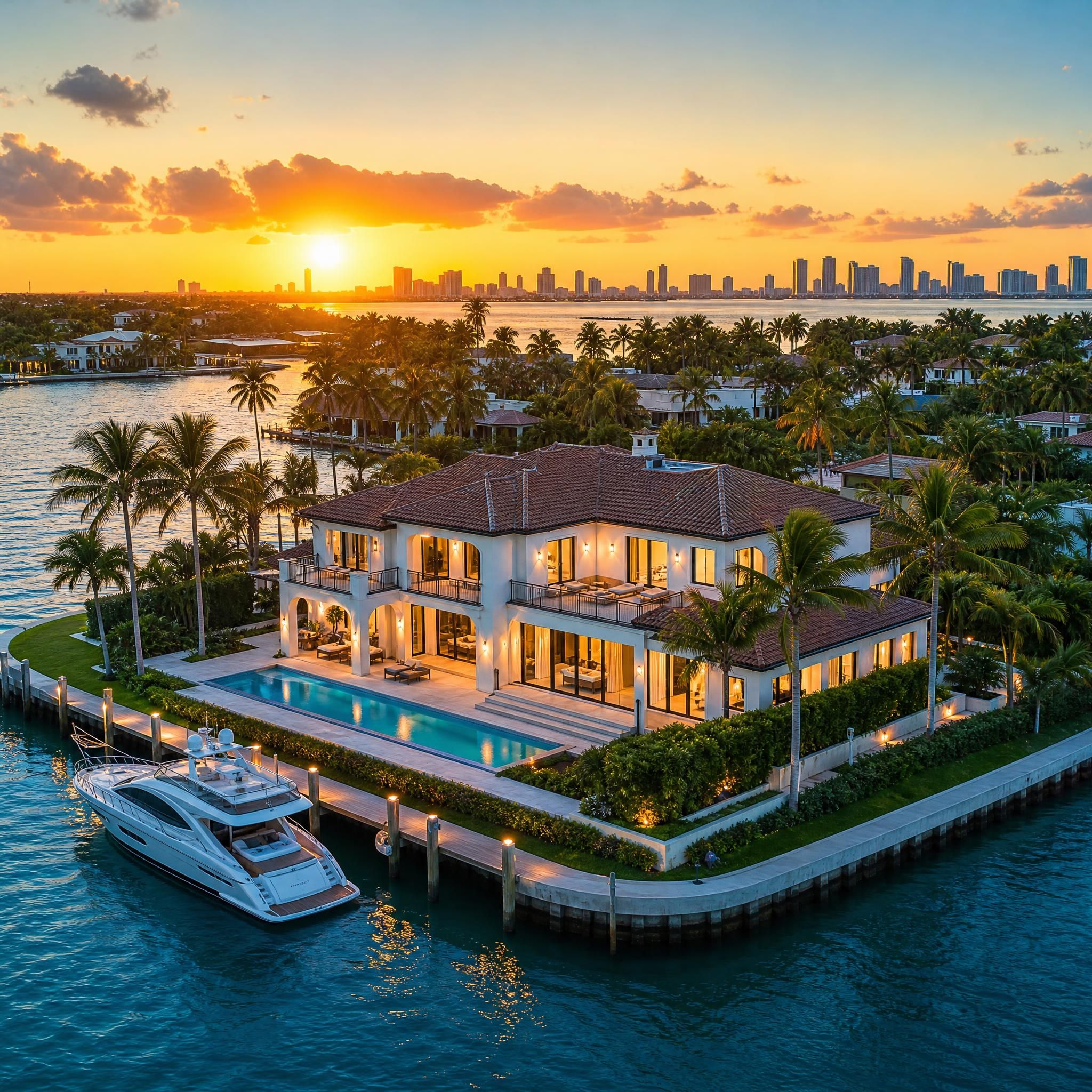 Stunning waterfront luxury home in Miami-Dade County at golden hour, aerial view of South Florida real estate