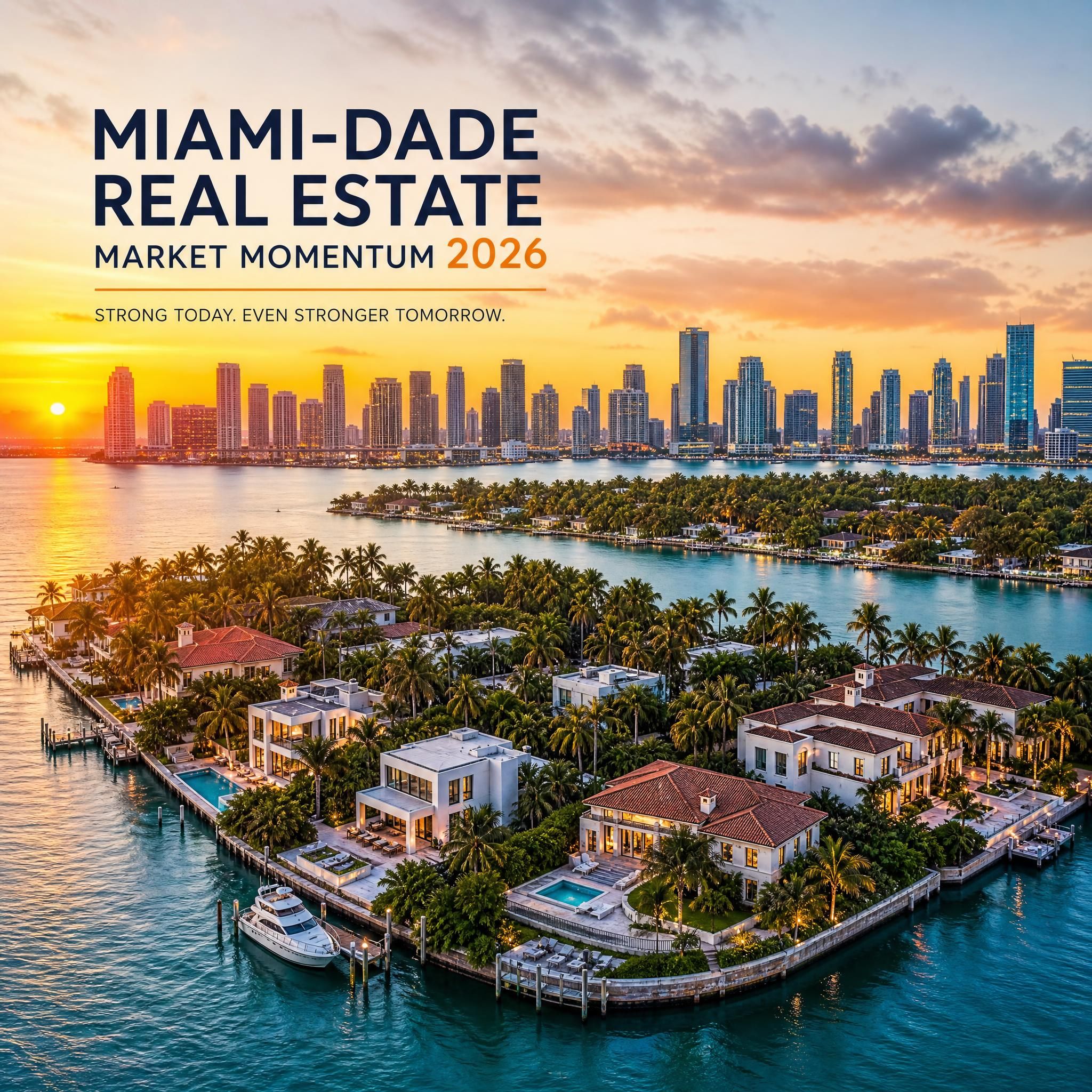 Aerial view of Miami-Dade luxury waterfront properties and the Miami skyline at sunset, showcasing South Florida real estate market momentum in 2026