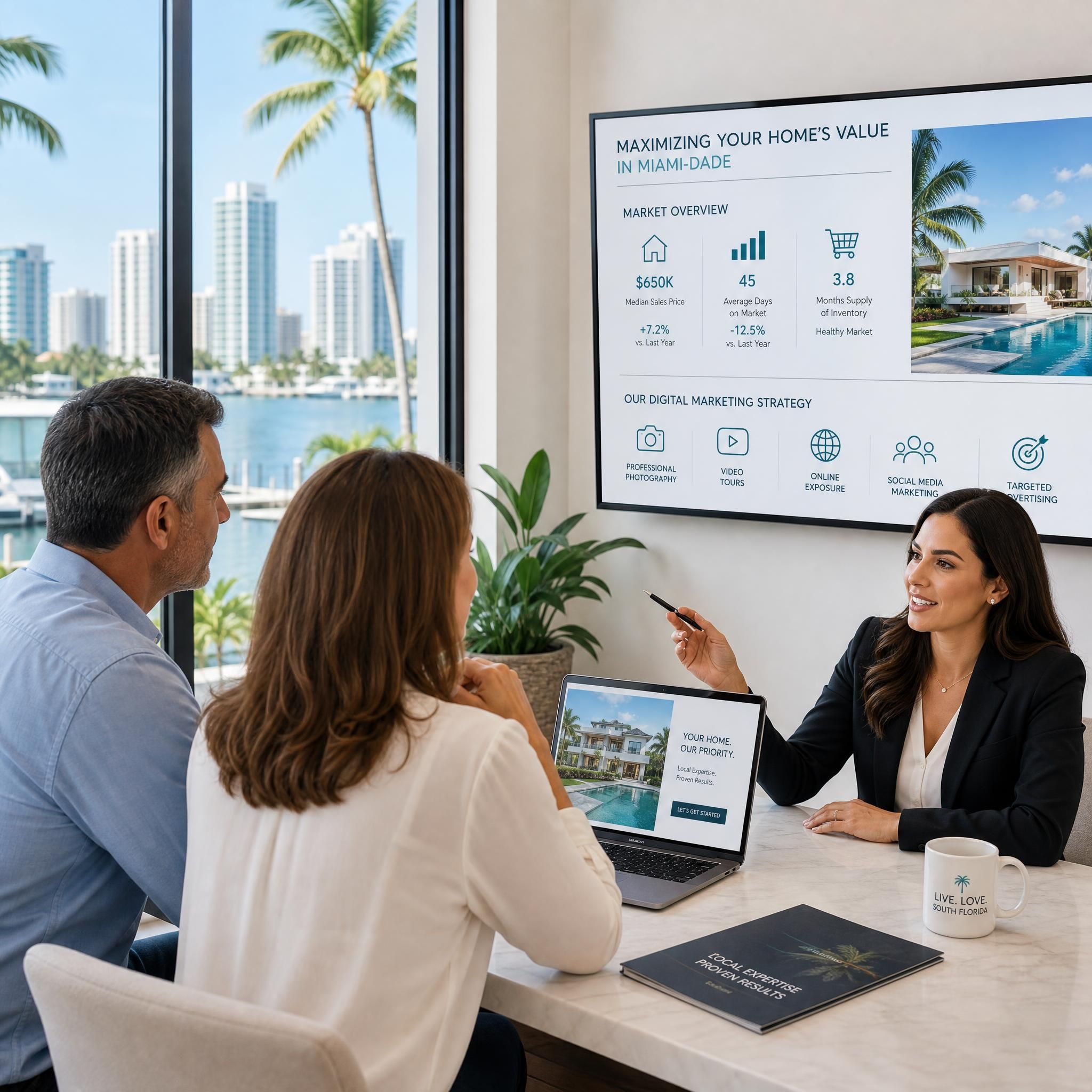 Professional real estate agent consulting with South Florida property sellers, reviewing market data and digital marketing strategies for a Miami-Dade home listing
