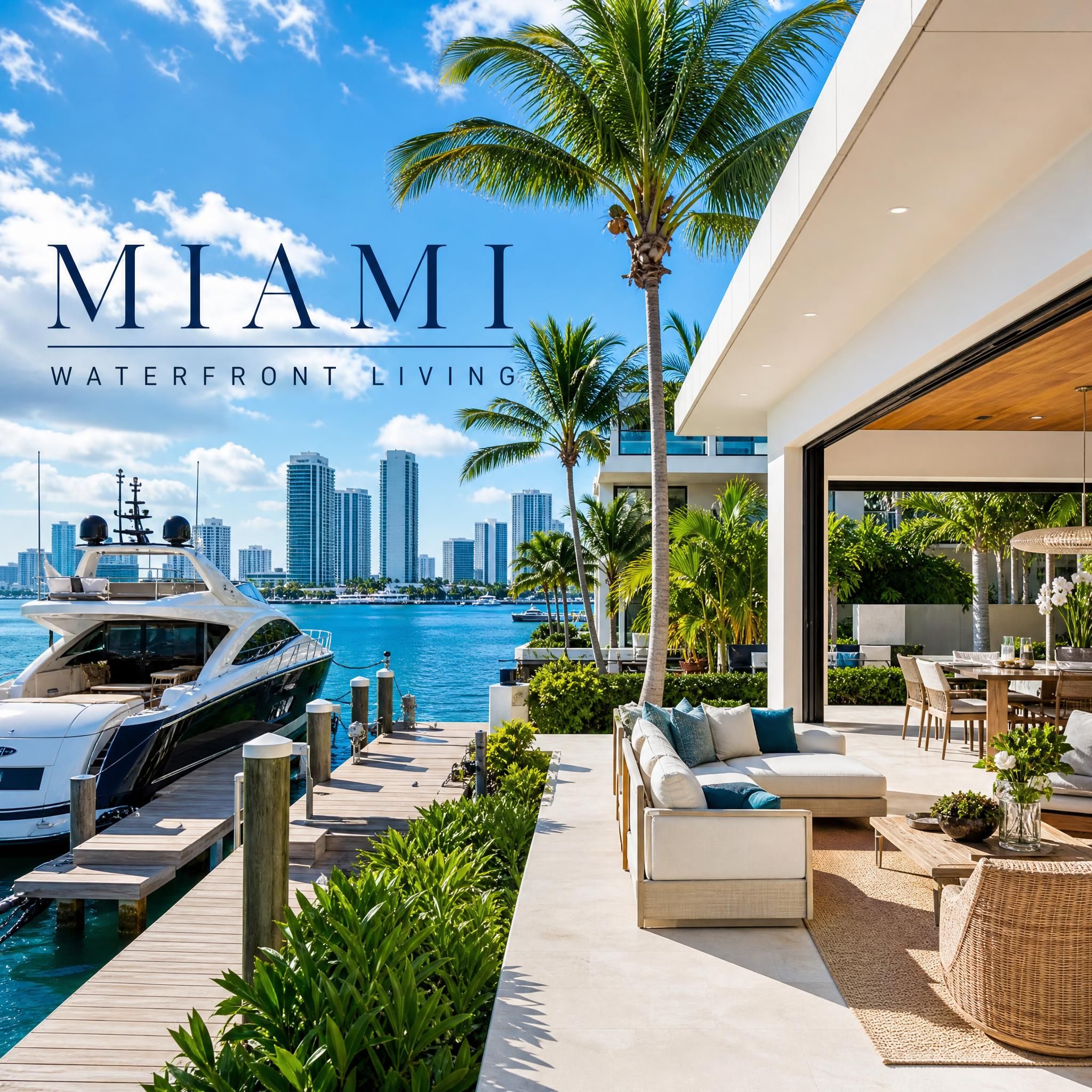 Luxurious Miami waterfront property lifestyle scene showing private yacht dock, tropical landscaping and open-air terrace with Biscayne Bay in the background