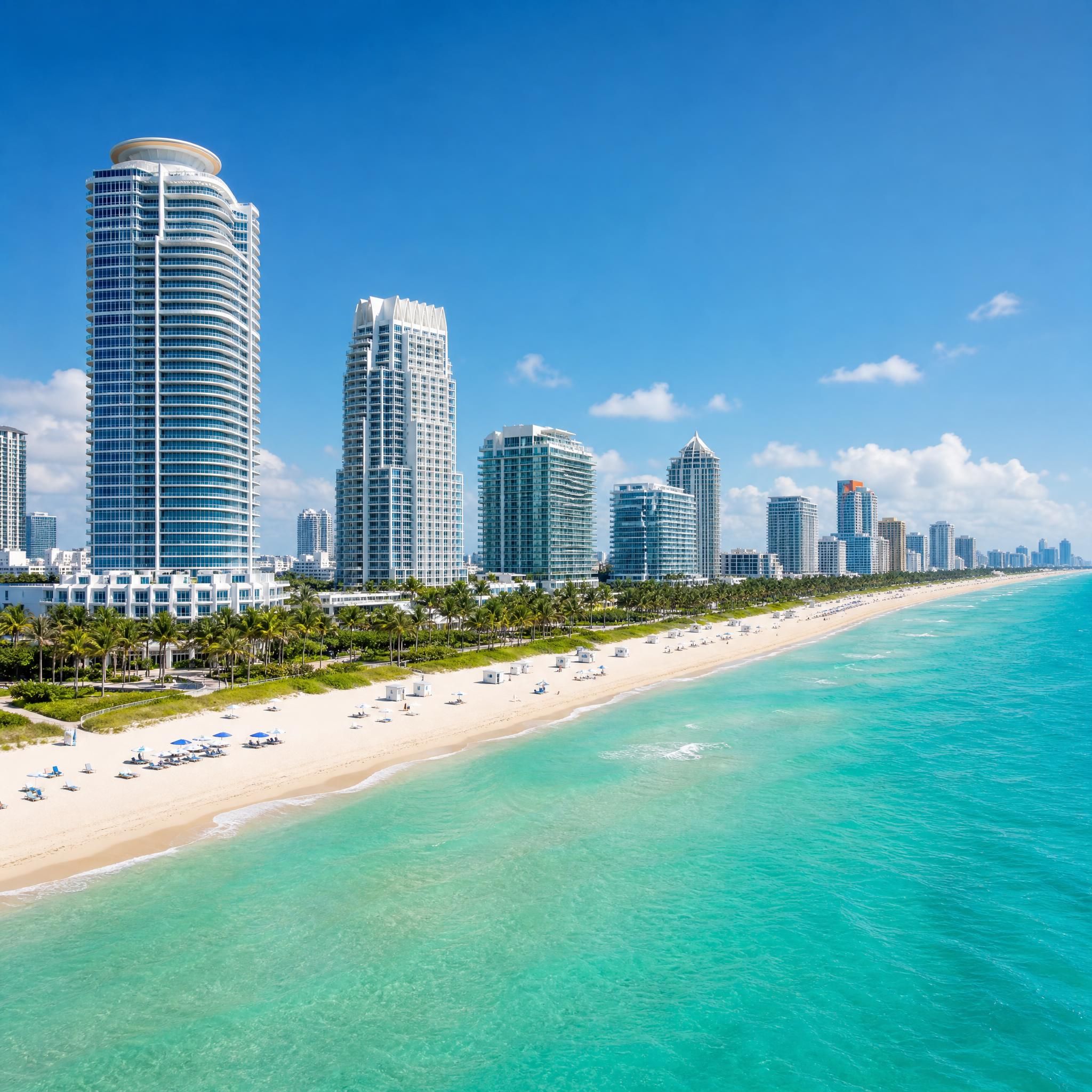 Panoramic view of Miami Beach oceanfront luxury condos with white-sand beach and turquoise Atlantic Ocean in the foreground