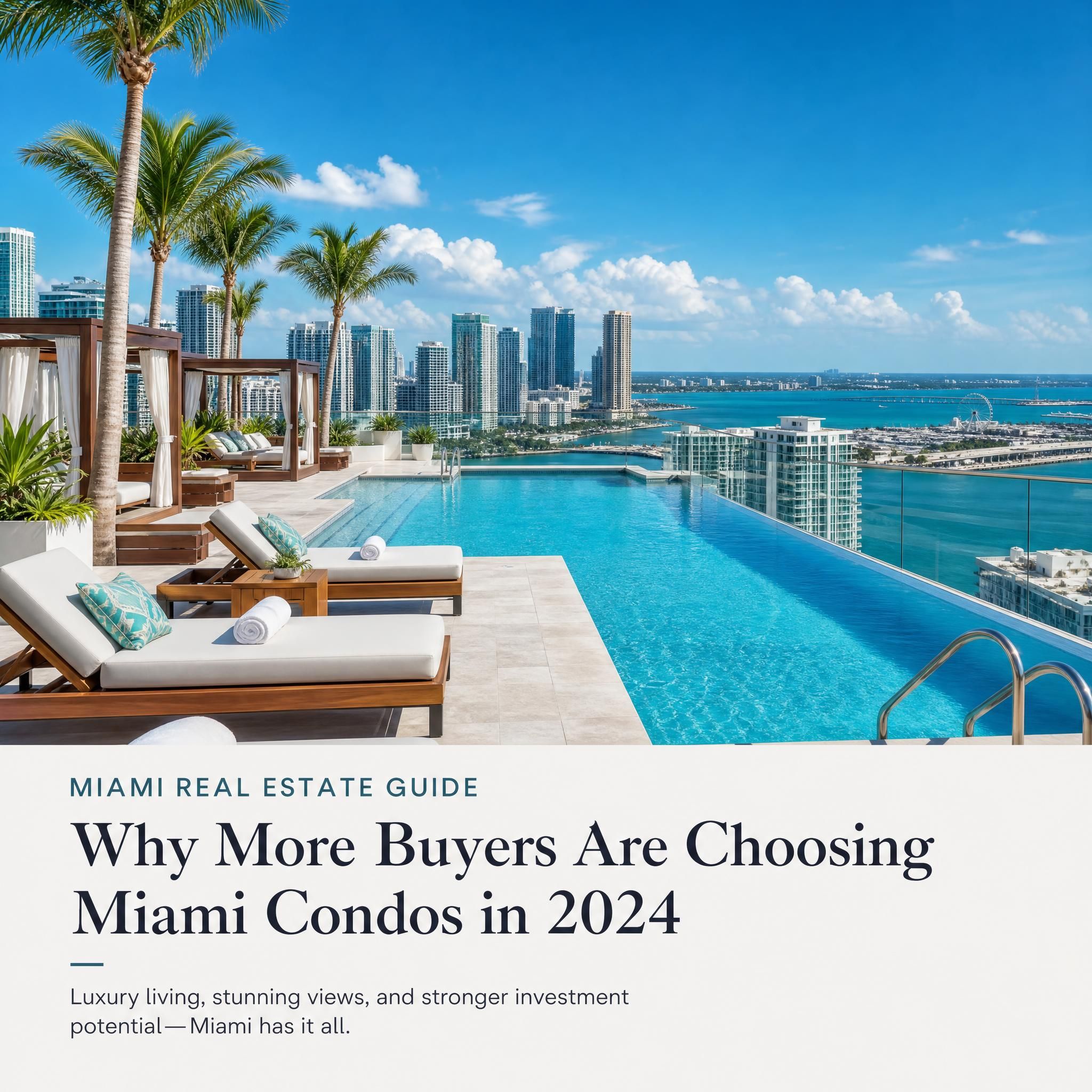 Luxury rooftop pool deck of a Miami high-rise condo with city skyline and Biscayne Bay views, resort-style loungers and cabanas